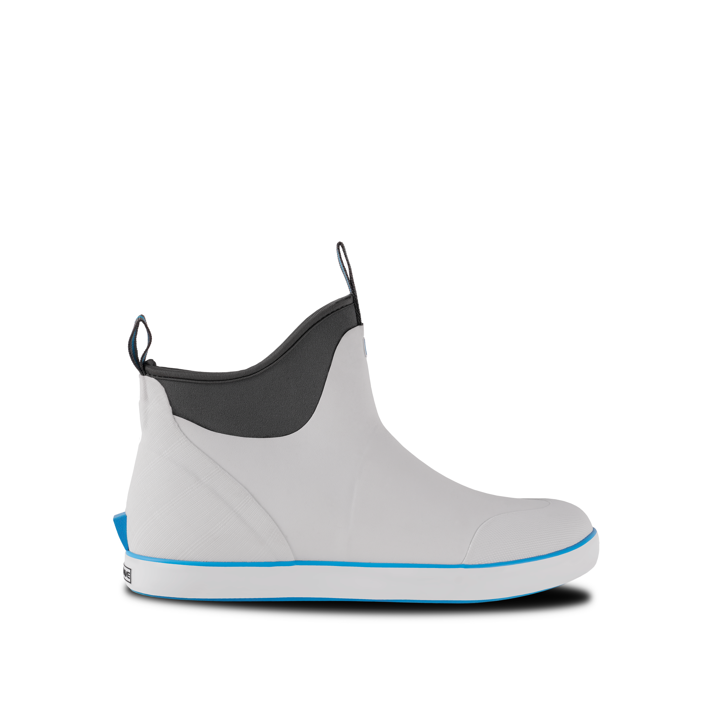 alt="Side view of Trudave Seafarer Lite Series men’s waterproof slip-on ankle deck boots in white color showing insulated rubber construction, slip-resistant sole, and seamless waterproof design built for fishing, boating, and wet deck conditions"
