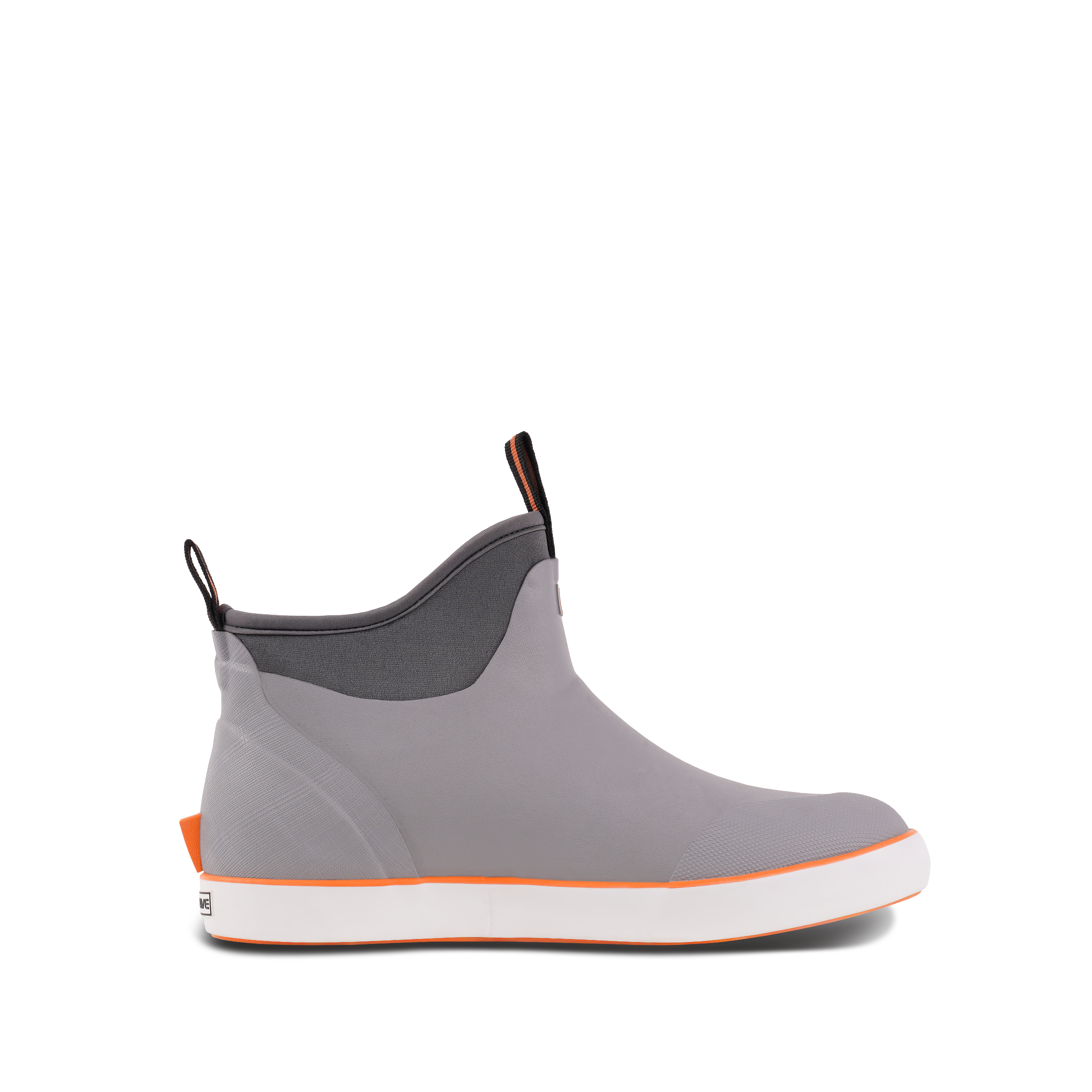 alt="Side view of Trudave Seafarer Lite Series men’s waterproof slip-on ankle deck boots in gray color showing insulated rubber construction, slip-resistant sole, and seamless waterproof design built for fishing, boating, and wet deck conditions"
