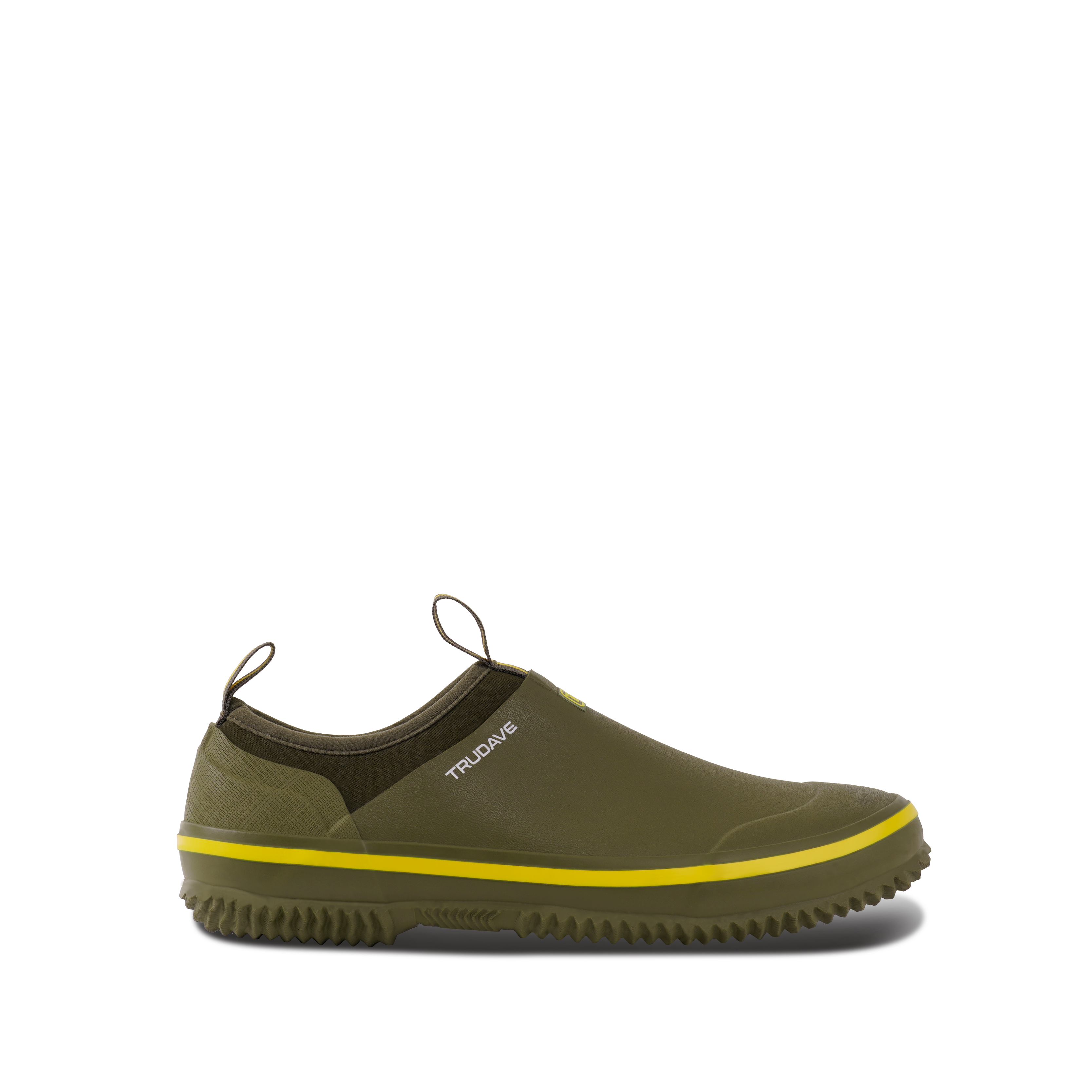 alt="Side view of Trudave GreenStep Series waterproof slip-on garden shoes in olive green color, featuring durable rubber construction, breathable design, and comfortable fit ideal for gardening, yard work, and outdoor chores"
