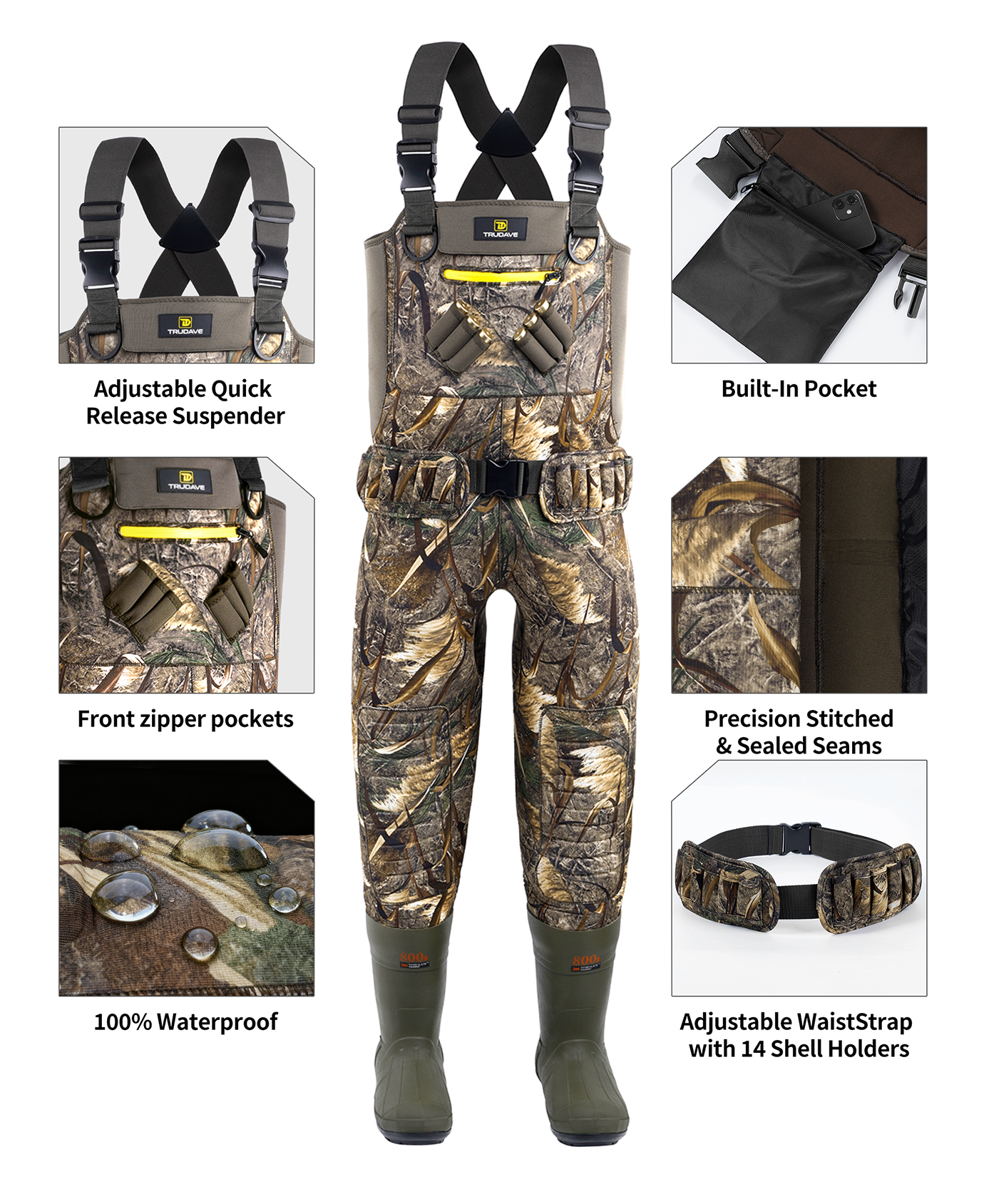 Trudave InfinityShield 800g Insulated Neoprene Hunting Waders – 100% Waterproof Camo Chest Waders