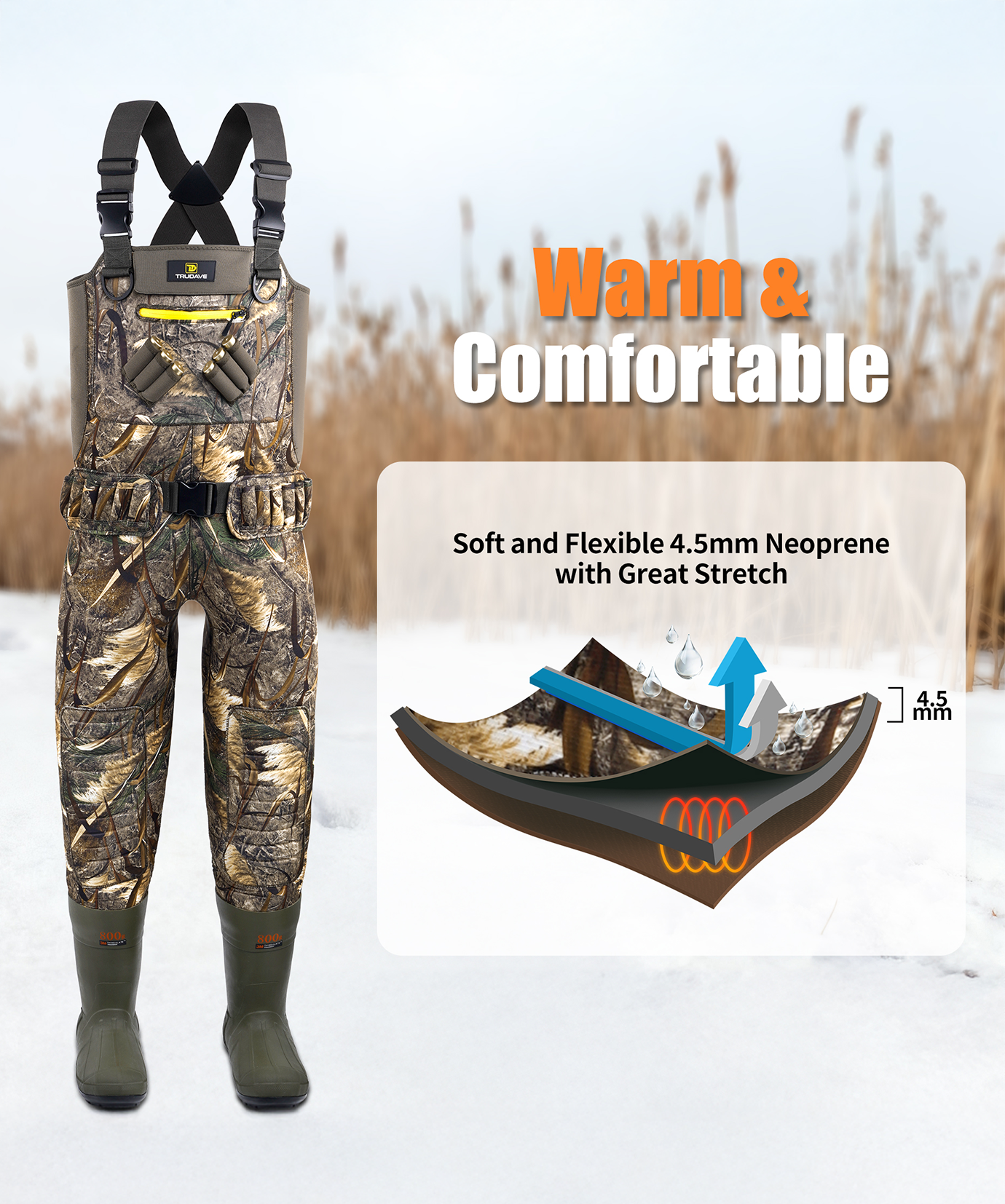 Trudave InfinityShield 800g Insulated Neoprene Hunting Waders – 100% Waterproof Camo Chest Waders