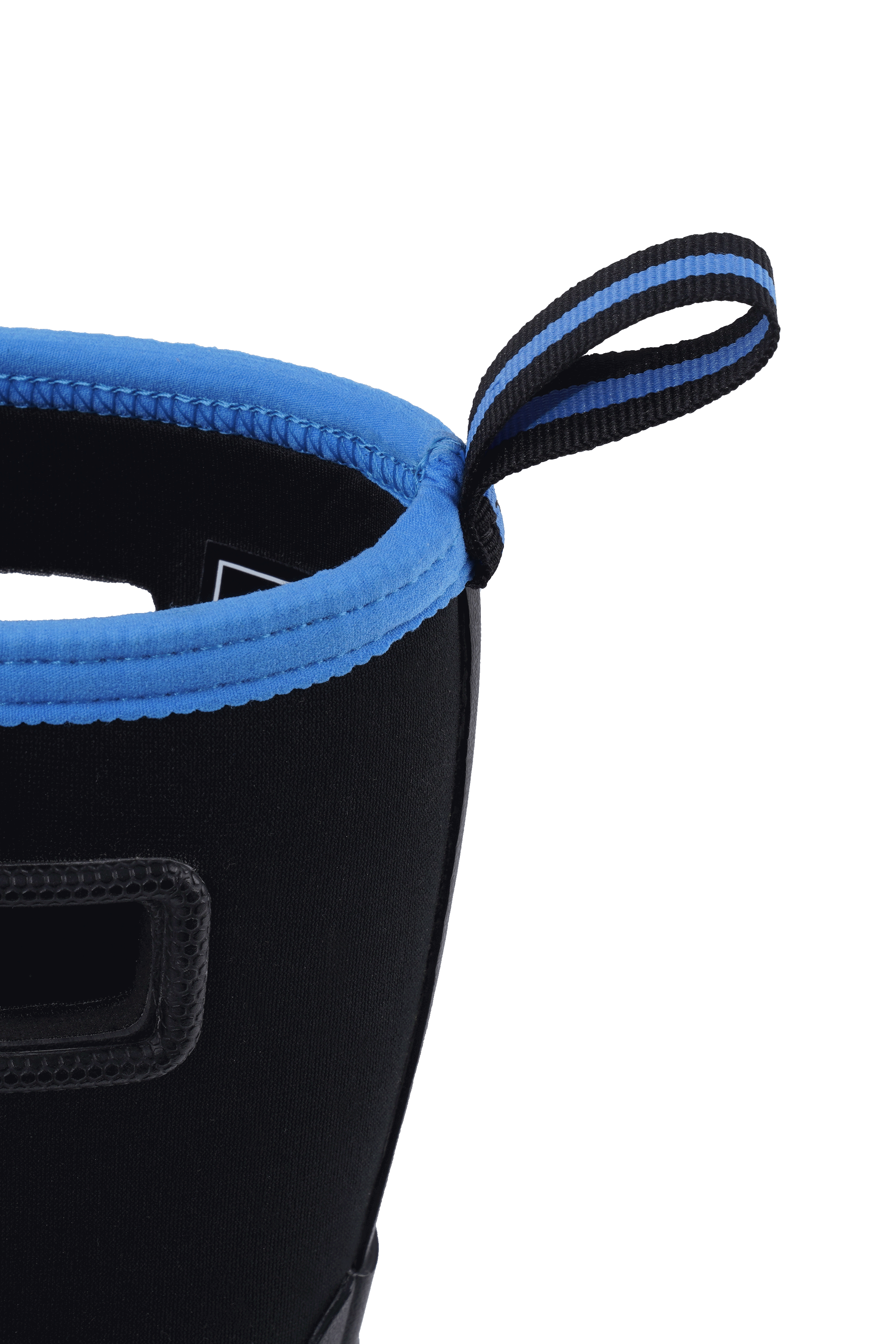 Close-up of the boot collar on Trudave MudFlex Series men’s waterproof rain, garden and farm boots in black with blue trim, showing reinforced upper and sturdy pull-on loop for easy wear, durable rubber build, and waterproof protection for outdoor work