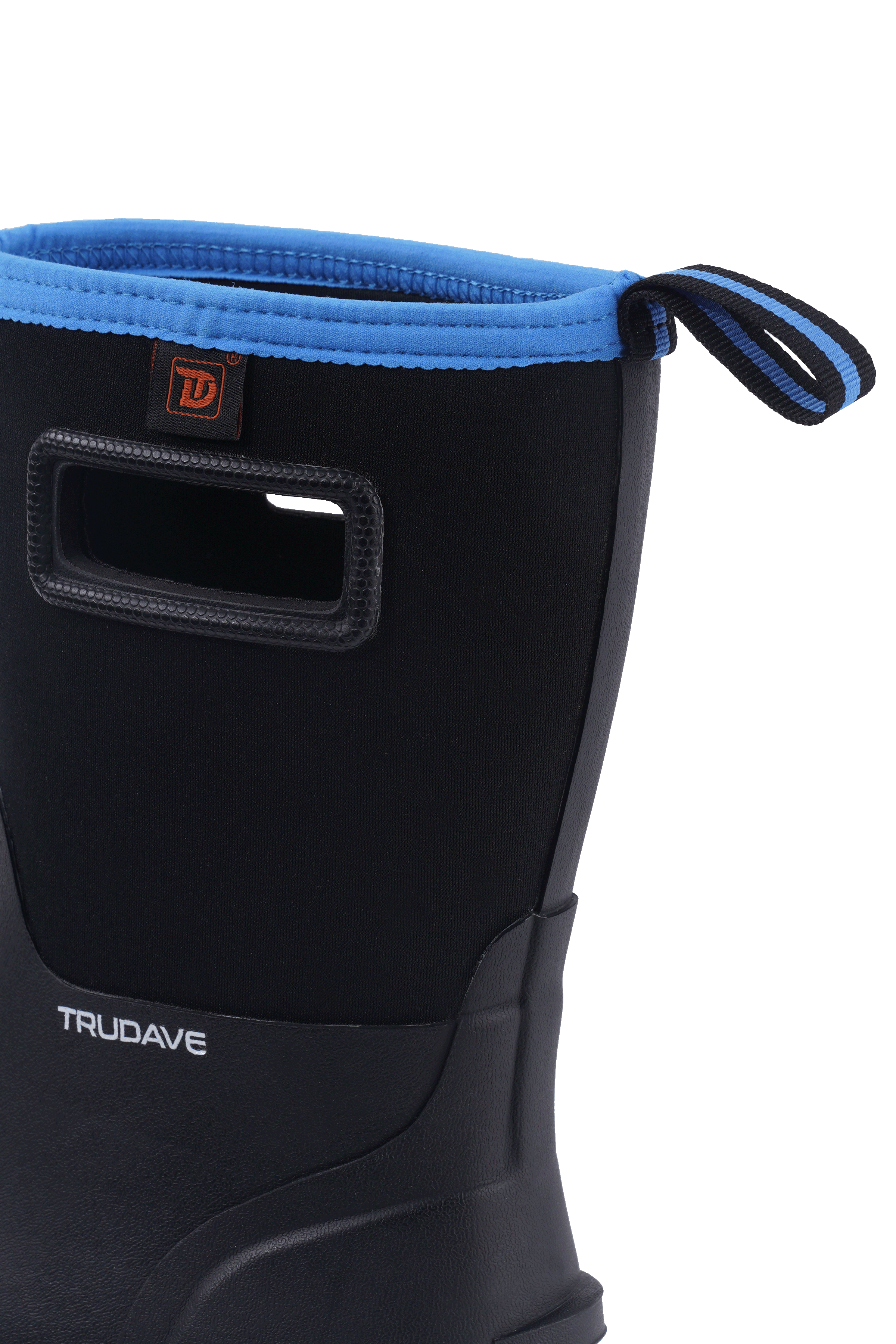 Close-up of the boot collar on Trudave MudFlex Series men’s waterproof rain, garden and farm boots in black with blue trim, showing reinforced upper and sturdy pull-on loop for easy wear, durable rubber build, and waterproof protection for outdoor work
