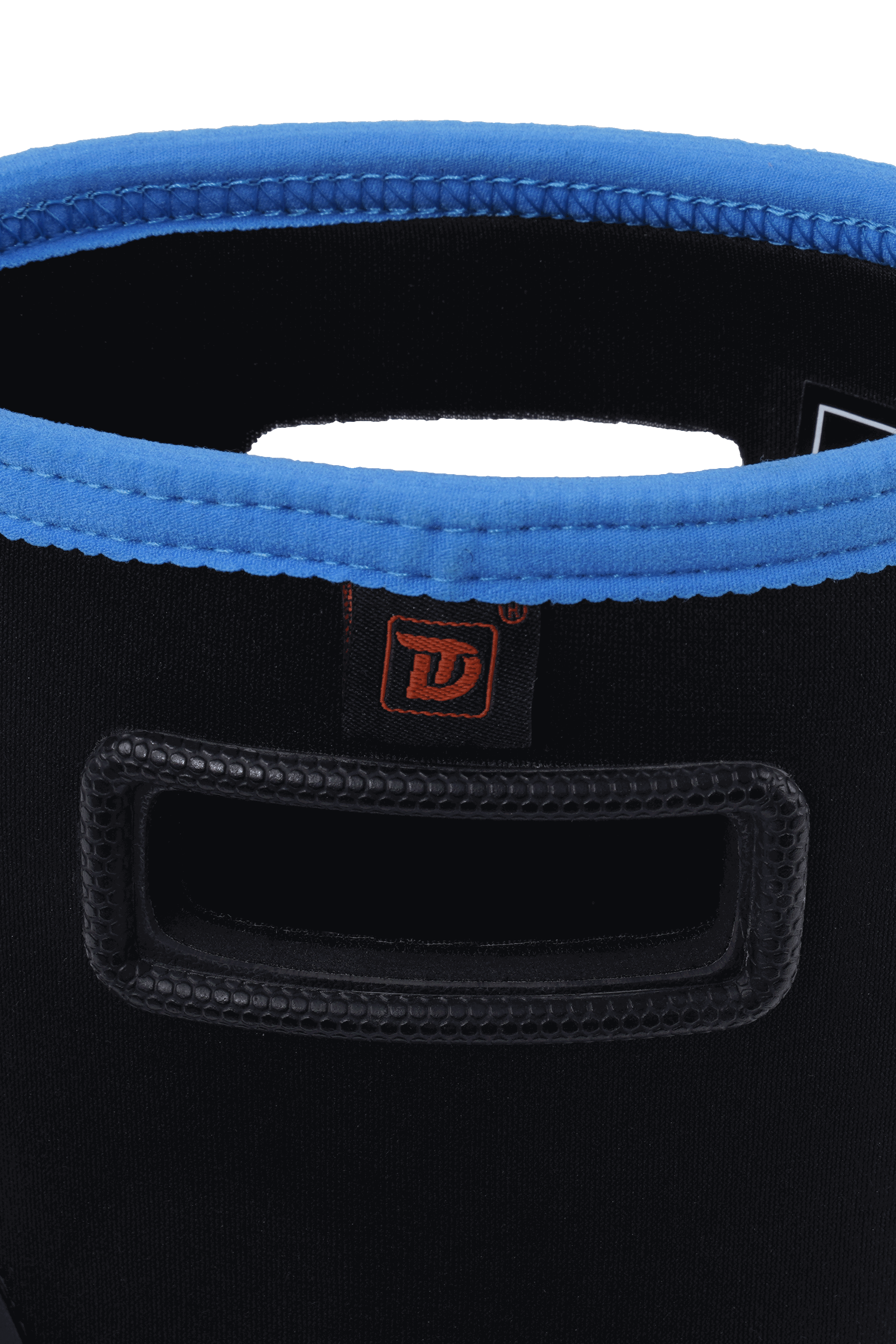 alt="Close-up of the boot collar on Trudave MudFlex Series men’s waterproof rain, garden and farm boots in black with blue trim, showing dual rectangular pull holes designed for easy carrying and ventilation, reinforced for durability and outdoor work convenience"
