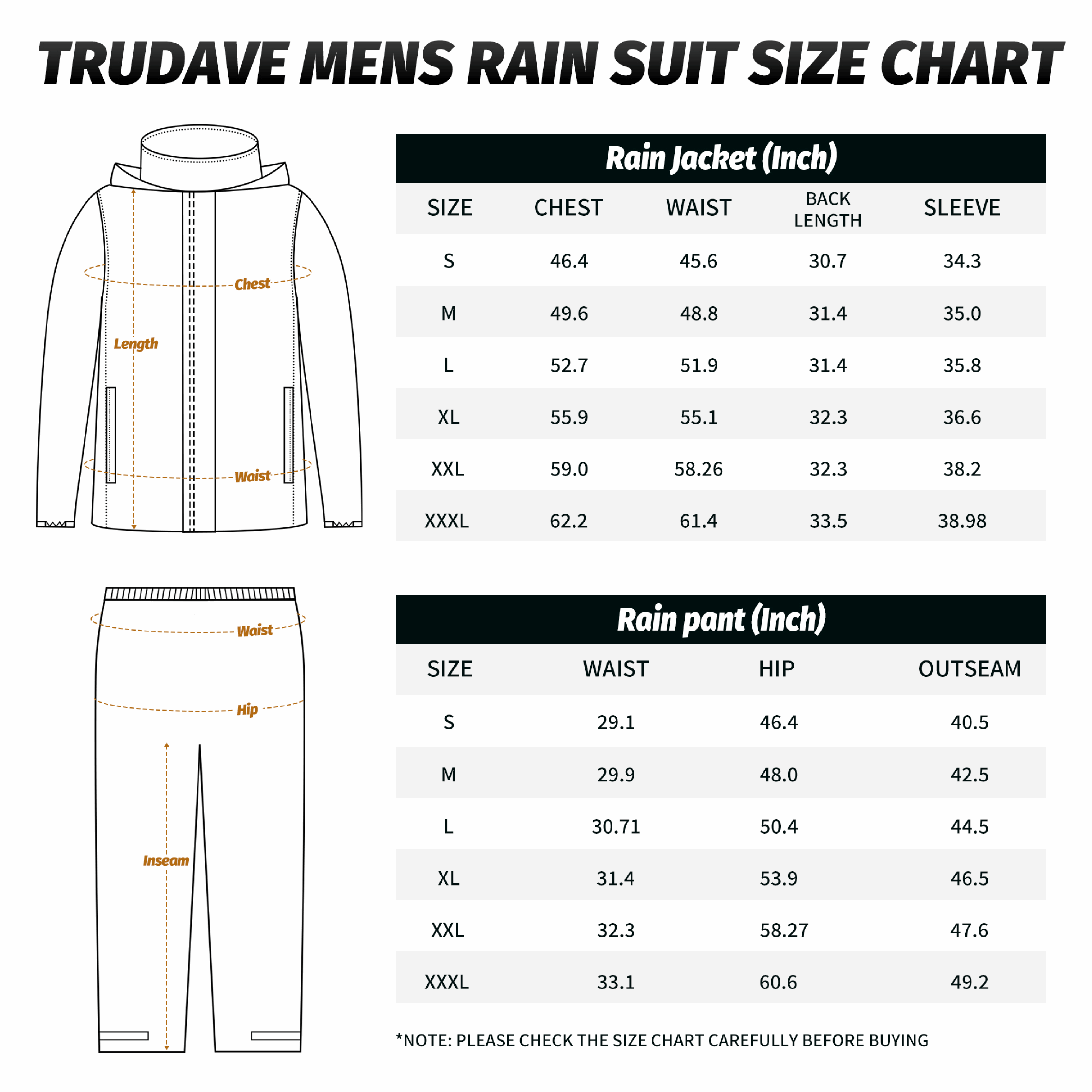 Trudave TrailBlaze Series Men’s Waterproof Rain Suit size chart – detailed measurements guide for chest, waist, sleeve, and inseam to help choose the perfect fit for outdoor hunting and fishing