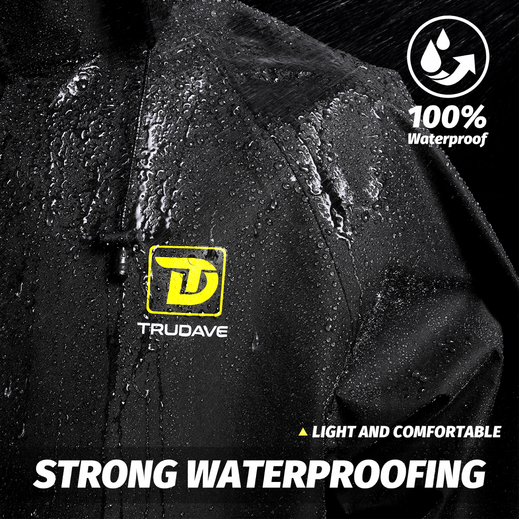 Trudave TrailBlaze Series Men’s Waterproof Rain Suit close-up image highlighting 100% waterproof fabric and sealed seams for superior rain protection in outdoor conditions.