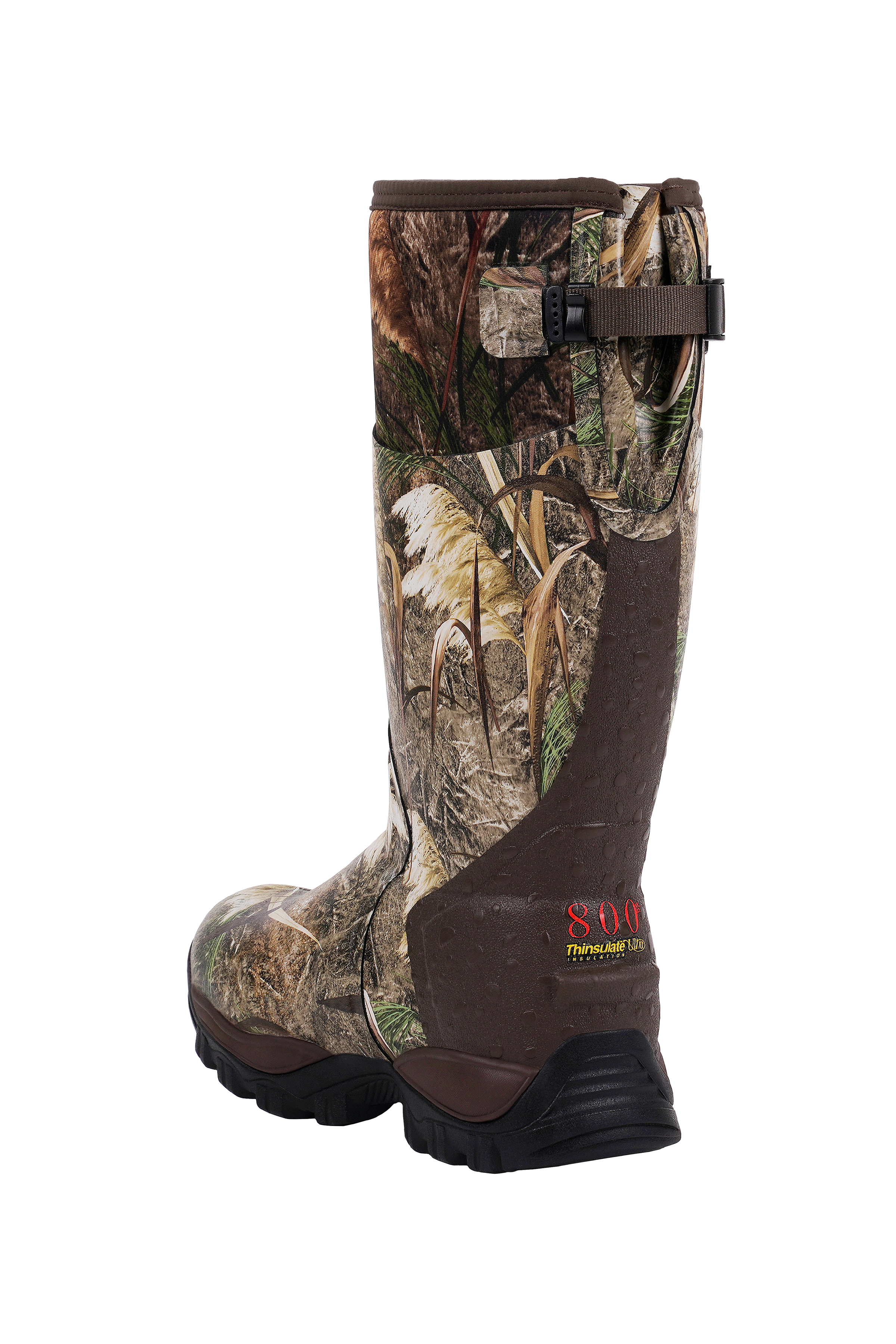 Rear view of Trudave WildGuard Series men’s tall waterproof camo hunting boots in reed grass pattern, showing reinforced heel design and pull-on tab for easy wear and enhanced durability in rugged outdoor conditions.