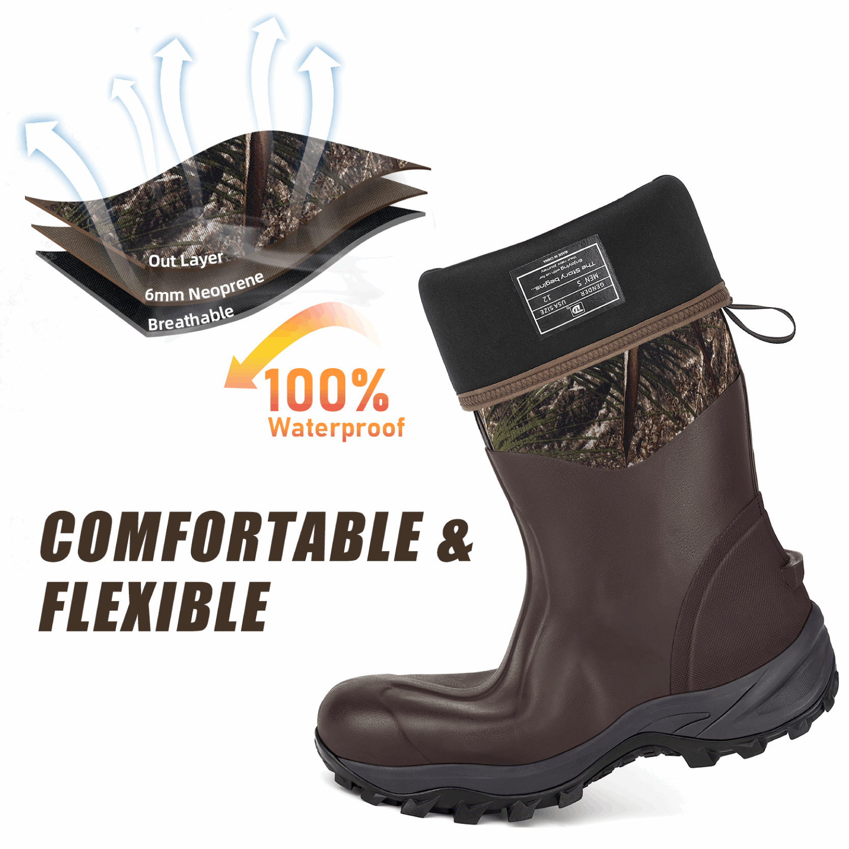 Trudave TrailMist Series waterproof rubber boots featuring 6mm neoprene layer design for breathable comfort, flexible fit, and 100% waterproof outdoor protection.