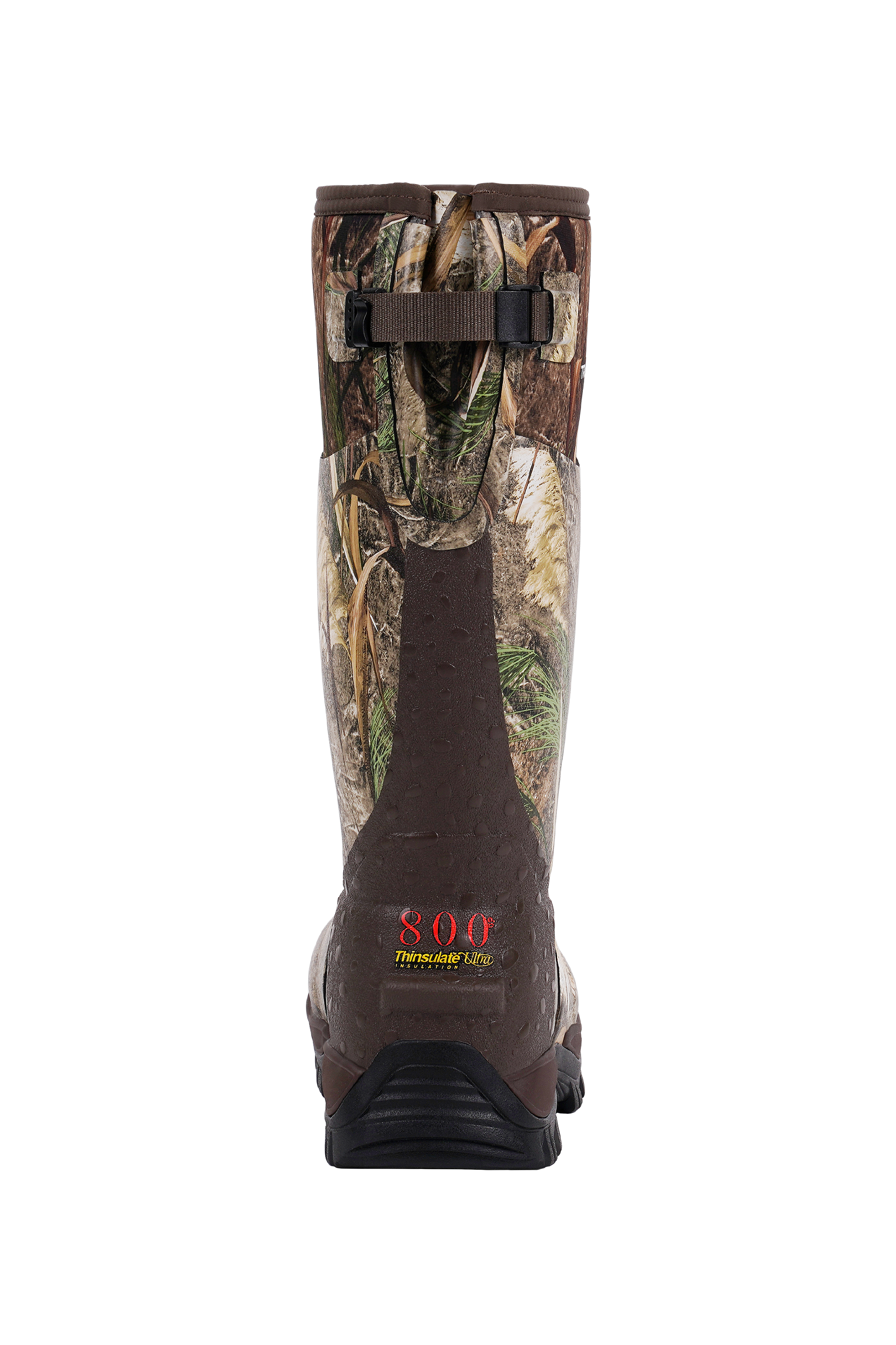 Rear view of Trudave WildGuard Series men’s tall waterproof camo hunting boots in reed grass pattern, showing reinforced heel design and pull-on tab for easy wear and enhanced durability in rugged outdoor conditions.