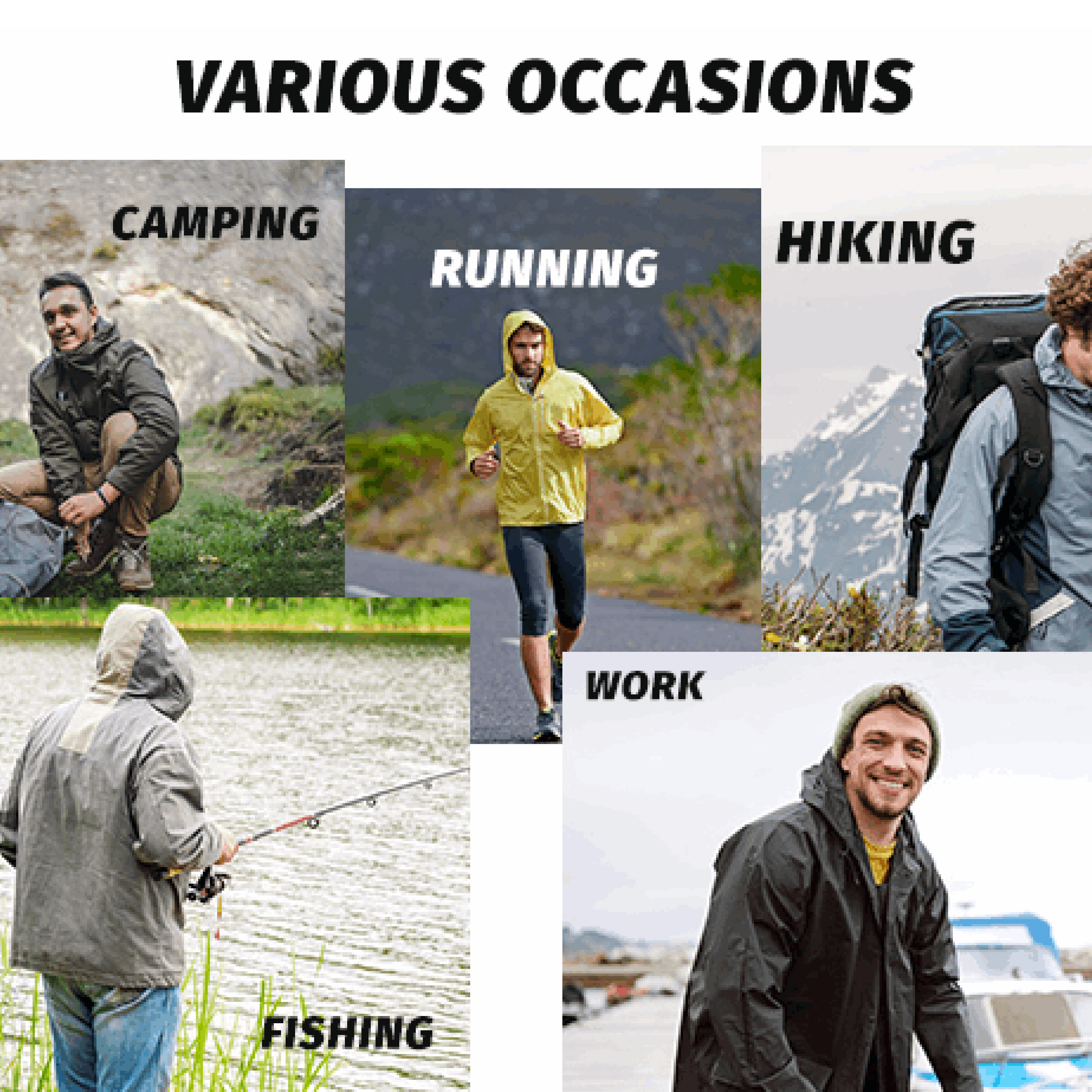 Trudave TrailBlaze Series Men’s Waterproof Rain Suit used across multiple outdoor scenes including fishing, hunting, camping, and hiking, providing full waterproof protection and comfort in any weather