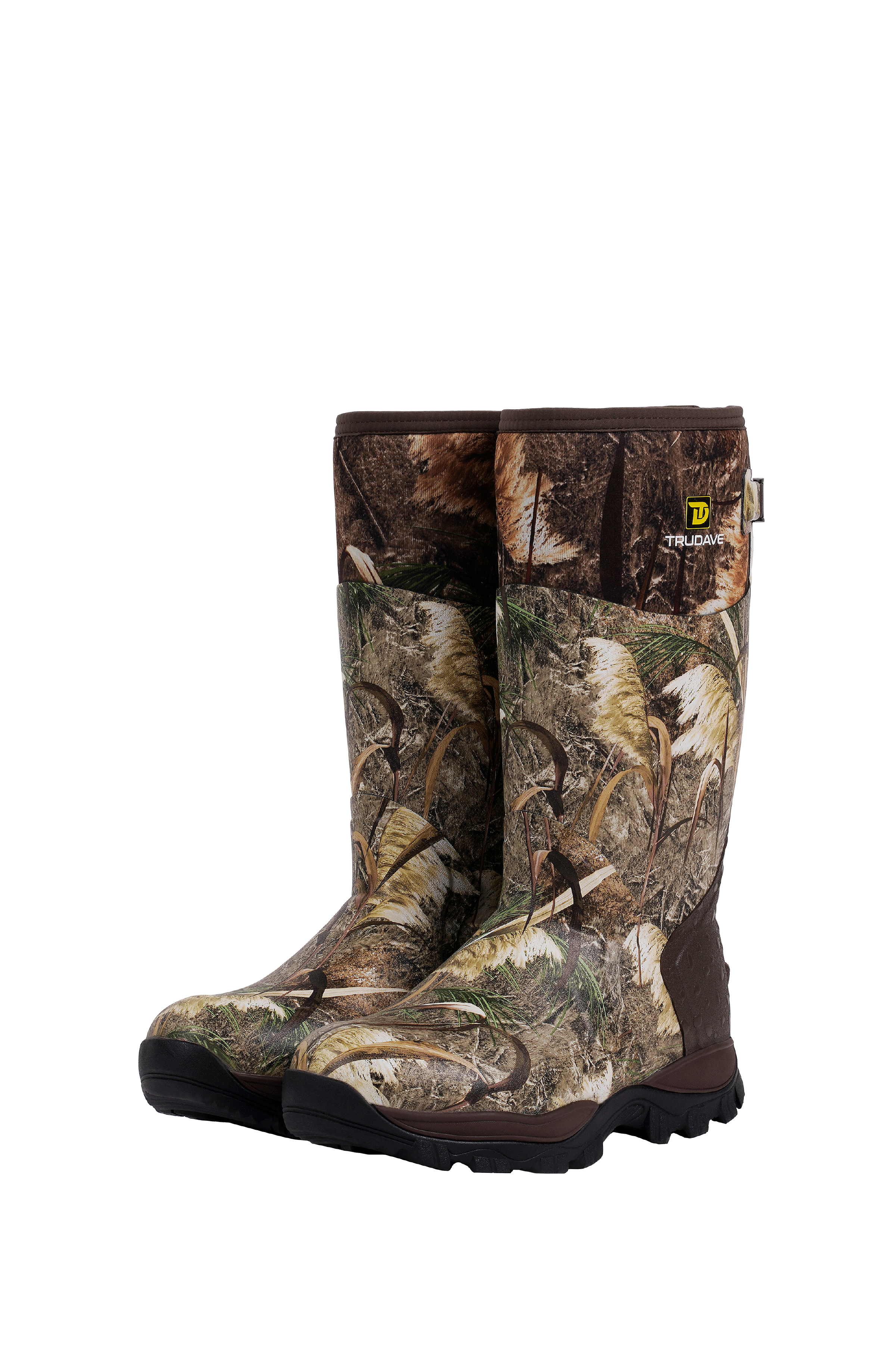 Side view of Trudave WildGuard Series men’s tall waterproof camo hunting boots in reed grass pattern, featuring durable rubber shell and neoprene upper for reliable waterproof protection and comfort in outdoor hunting environments.