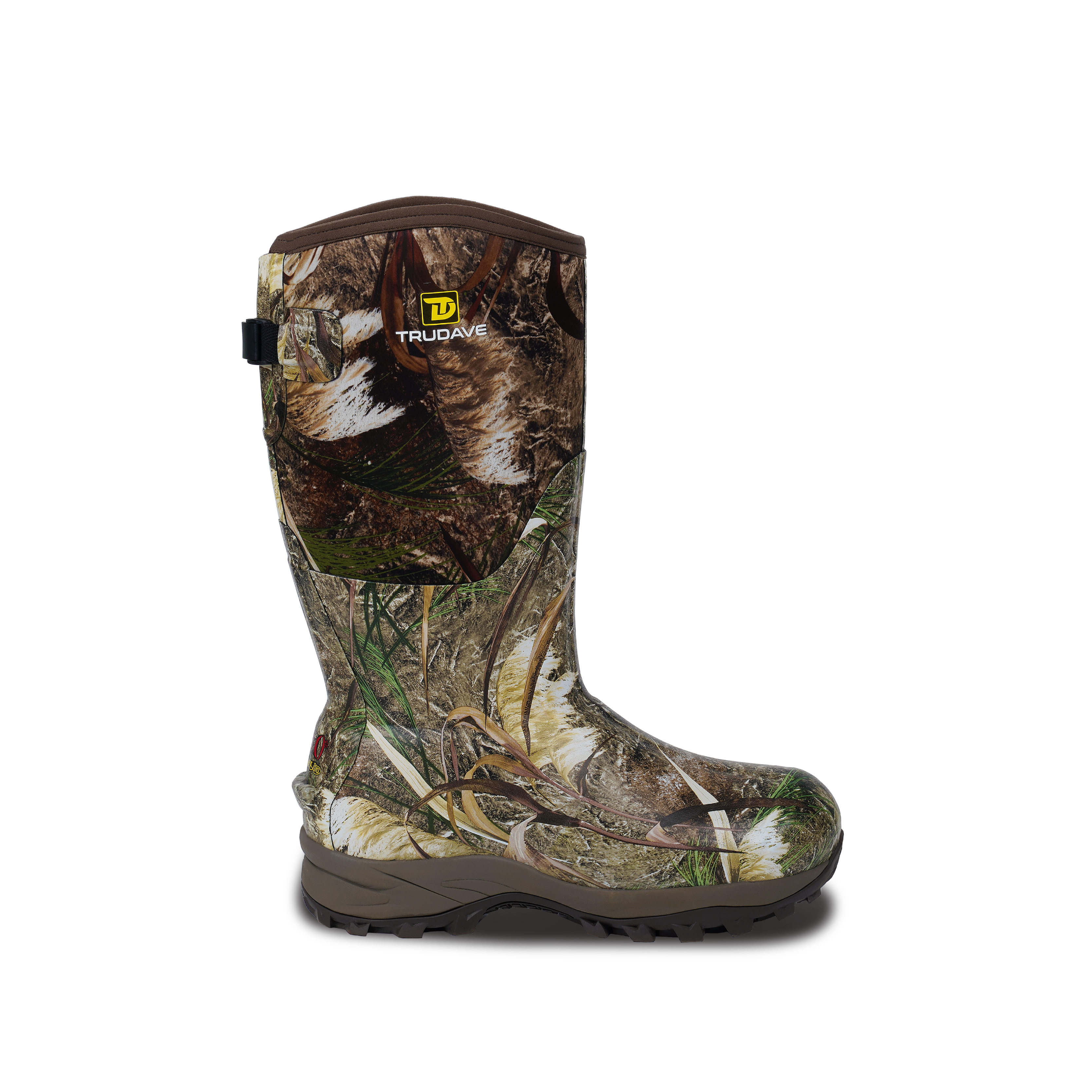 alt="Side view of Trudave TrailGuard Series men’s tall waterproof insulated hunting boots in Reed Grass color showing durable rubber construction, rugged tread sole, and insulated design for warmth and waterproof protection in outdoor hunting conditions"
