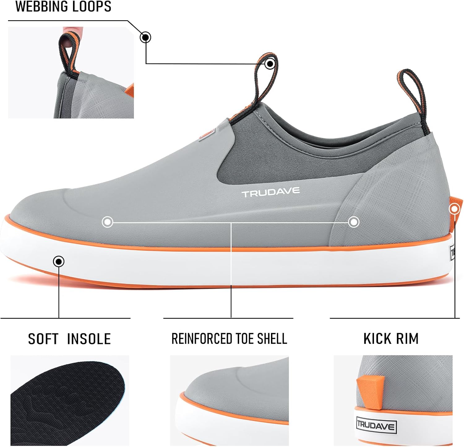 Close-up detail of Trudave NeopreneTrek Series waterproof deck boots highlighting reinforced toe shell, kick rim, soft insole, and durable webbing loops for comfort, protection, and easy wear