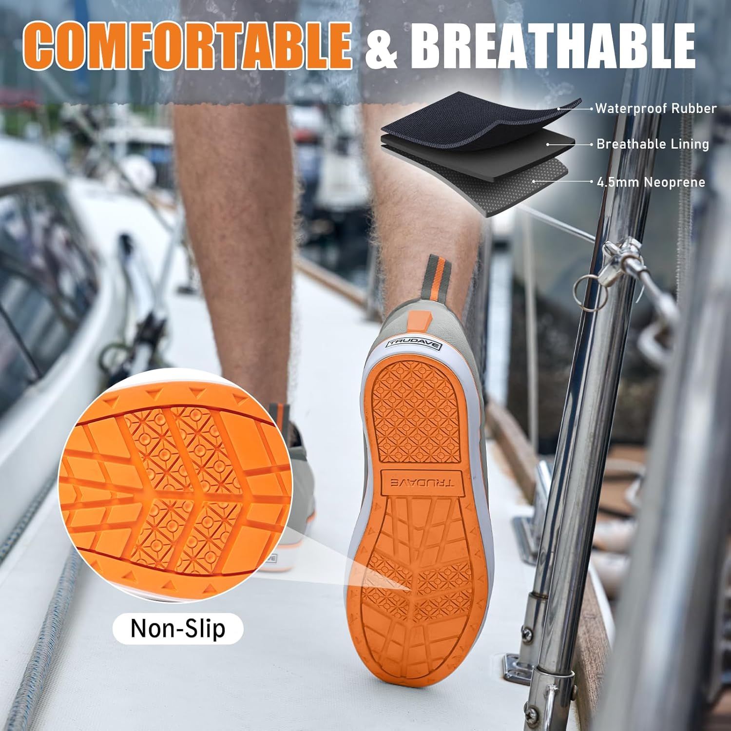 Close-up detail of Trudave NeopreneTrek Series waterproof deck boots, showing breathable 4.5mm neoprene lining and non-slip waterproof rubber design for superior comfort, durability, and ventilation.