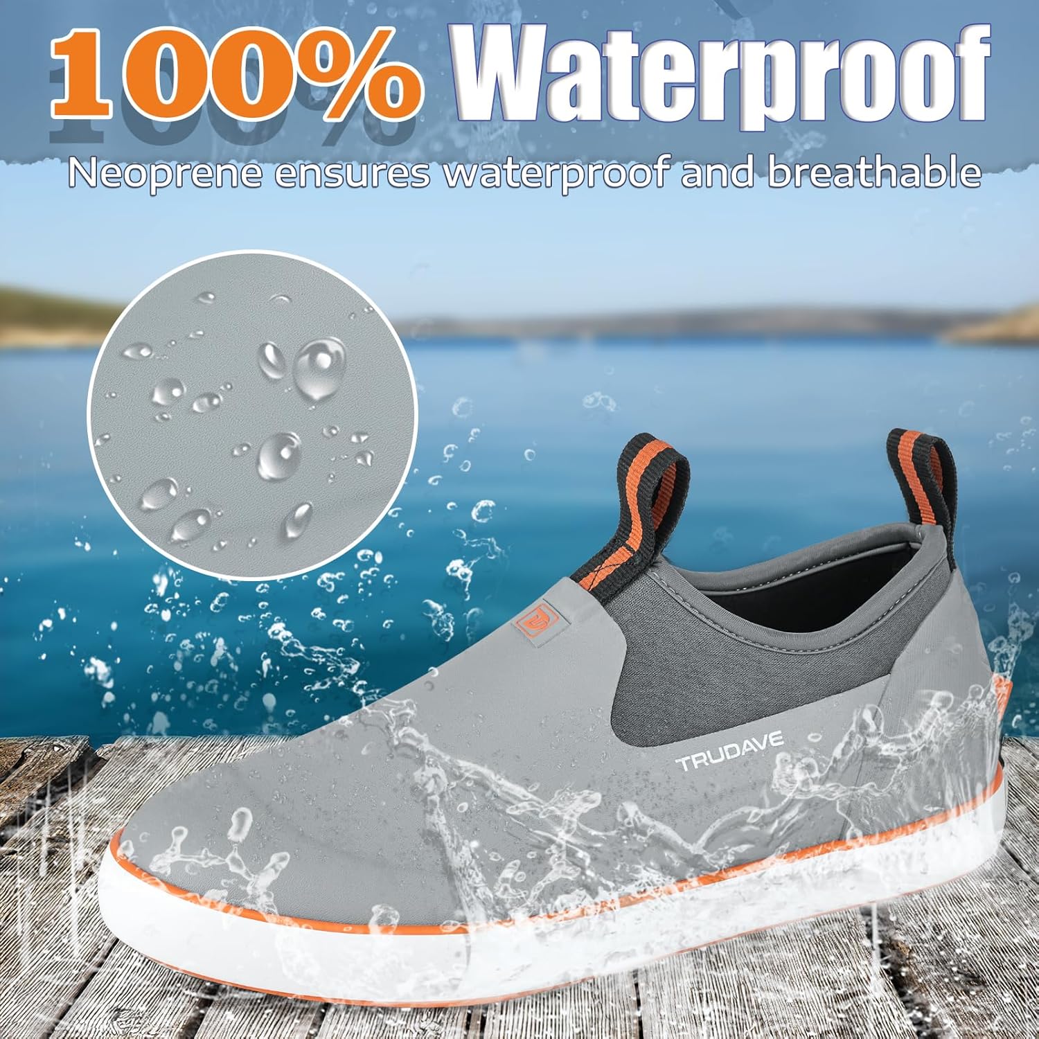 Gray Trudave NeopreneTrek Series 100% waterproof slip-on fishing deck boots, featuring fully sealed neoprene construction for ultimate water protection and dry comfort in wet outdoor conditions.