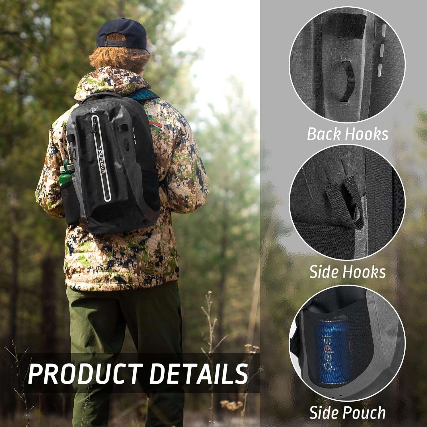 alt="Close-up of Trudave FloatPack Series 30L waterproof fishing backpack showing back hooks, side hooks, and side pouch for extra gear attachment and storage during outdoor and travel use"
