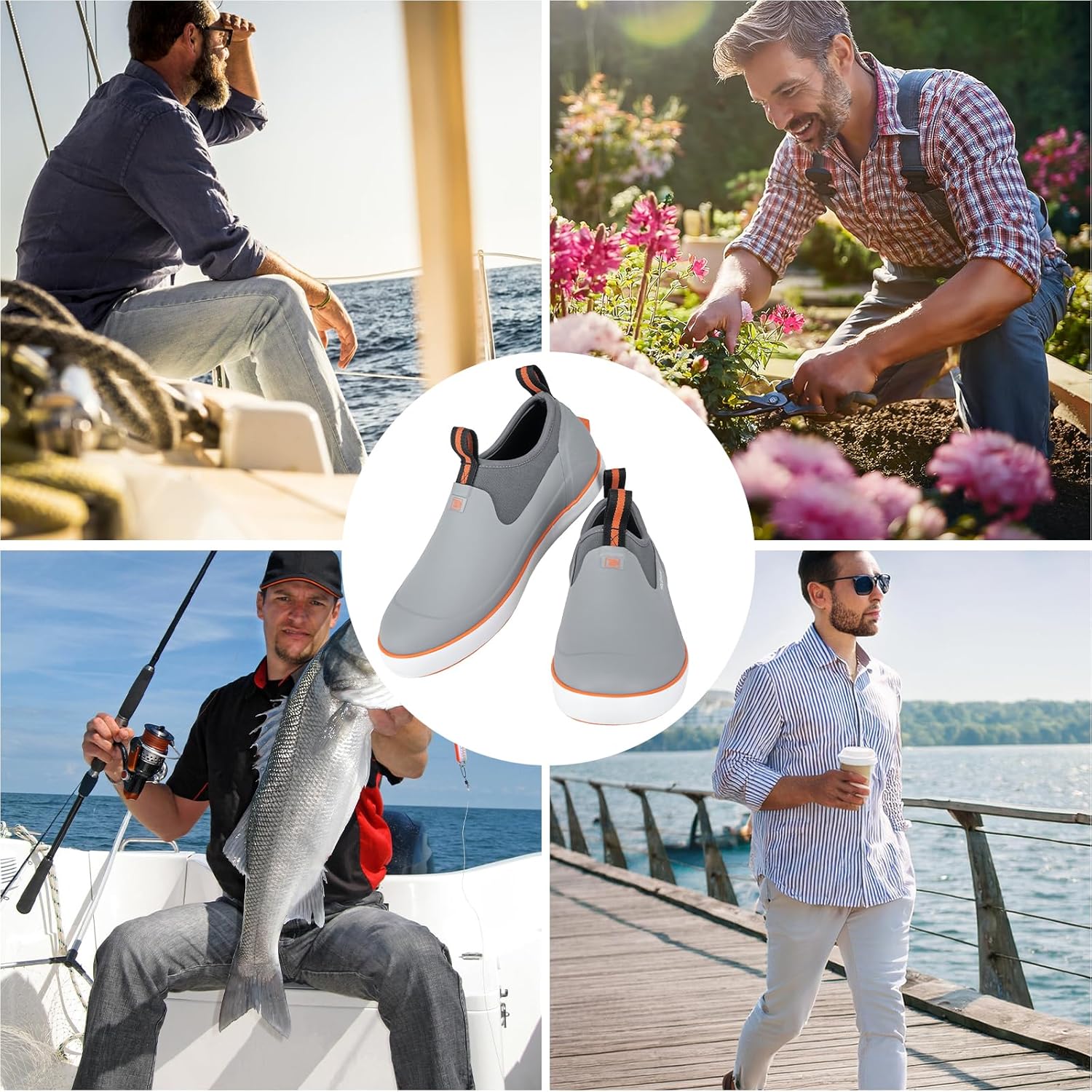 Close-up of the blue outsole of Trudave NeopreneTrek Series waterproof slip-on fishing deck boots, showing non-slip tread pattern for superior traction on wet boat decks and outdoor surfaces.