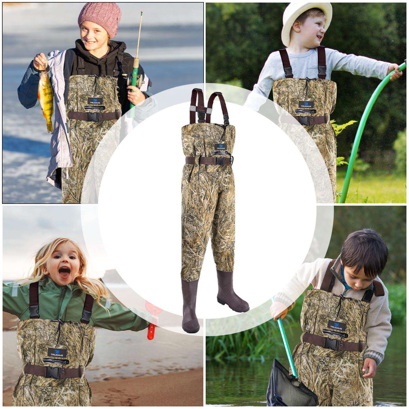 Trudave Splash Youth Series kids’ waterproof chest waders with boots in real reed camo, front view shown across fishing, garden, and beach scenes—durable lightweight waders designed for kids’ outdoor adventures and water activities.