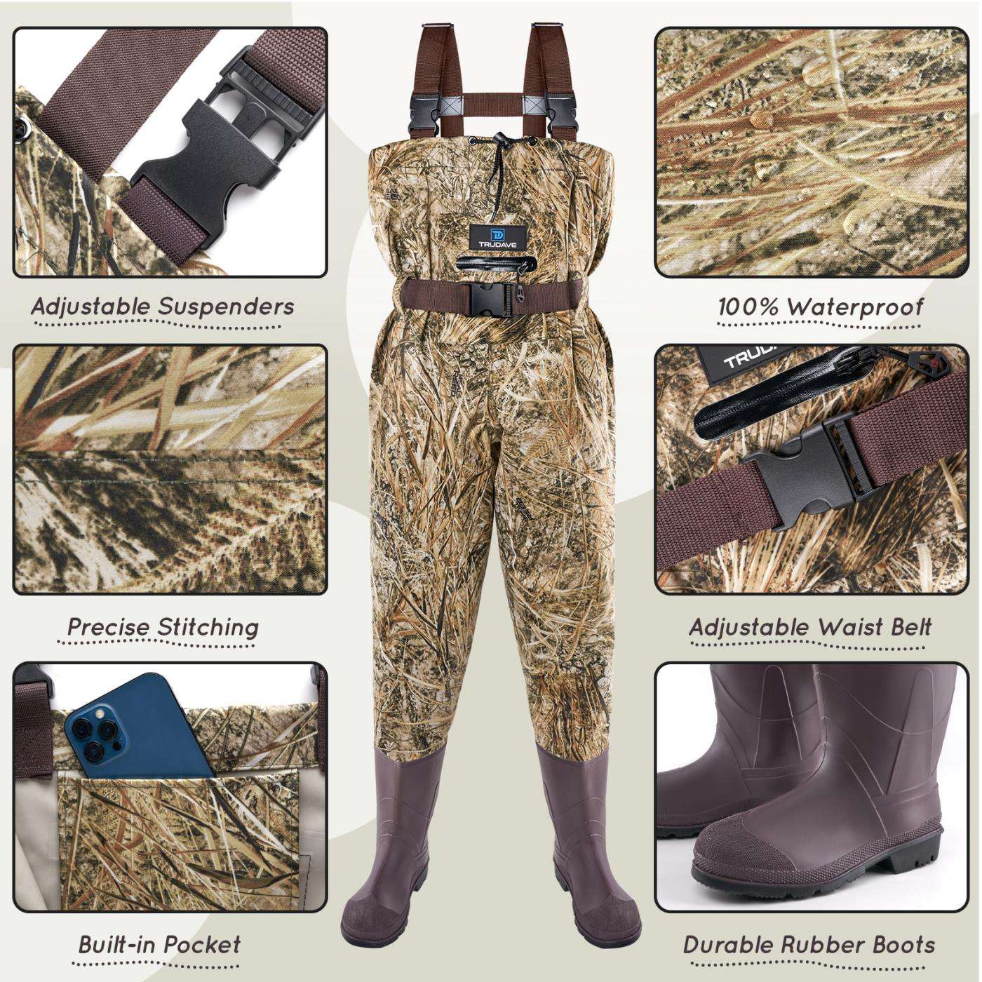 Trudave Splash Youth Series kids’ waterproof chest waders with boots in Real Reed camo, front view showing adjustable suspenders, precise stitching, built-in pocket, adjustable waist belt, and durable waterproof rubber boots—perfect fishing and hunting gear for young outdoor adventurers