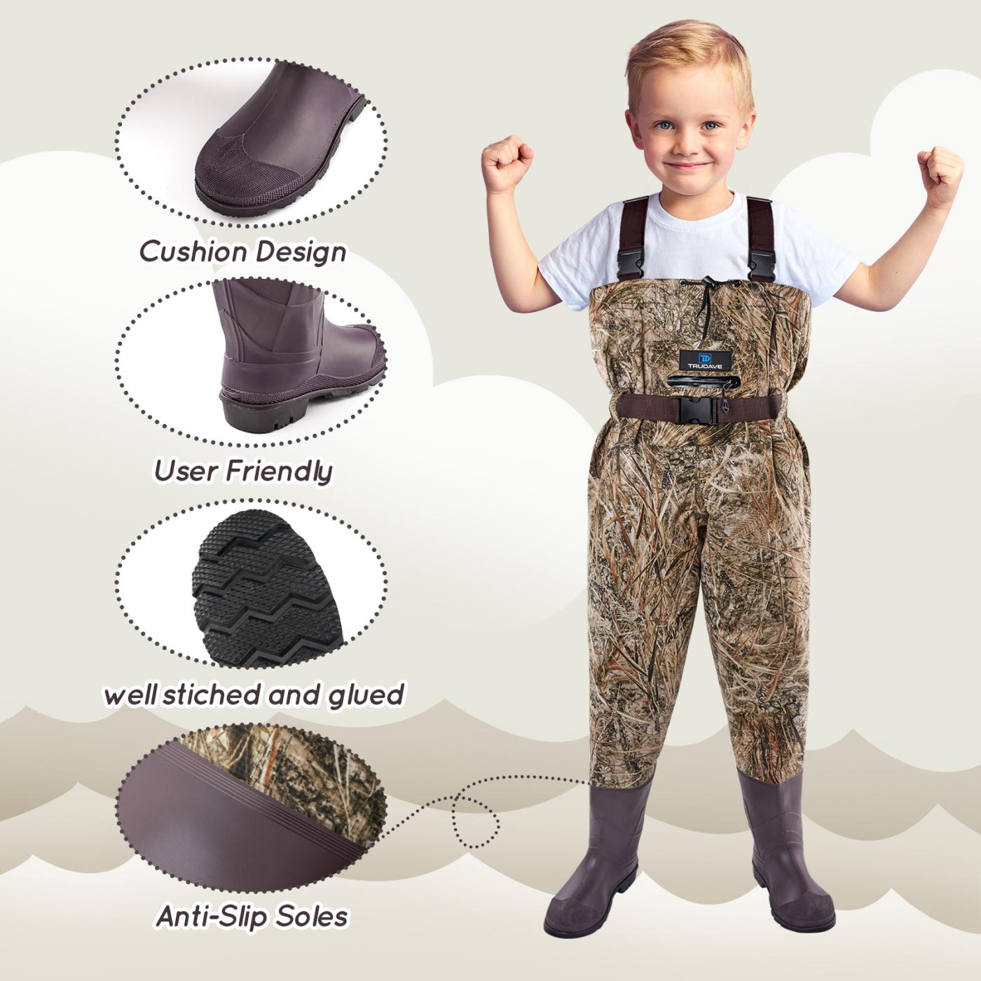Trudave Splash Youth Series kids’ waterproof chest waders with boots, featuring brown camo front view and close-up details of cushion design, anti-slip soles, precise stitching, and user-friendly waterproof construction—durable fishing and hunting waders for kids.