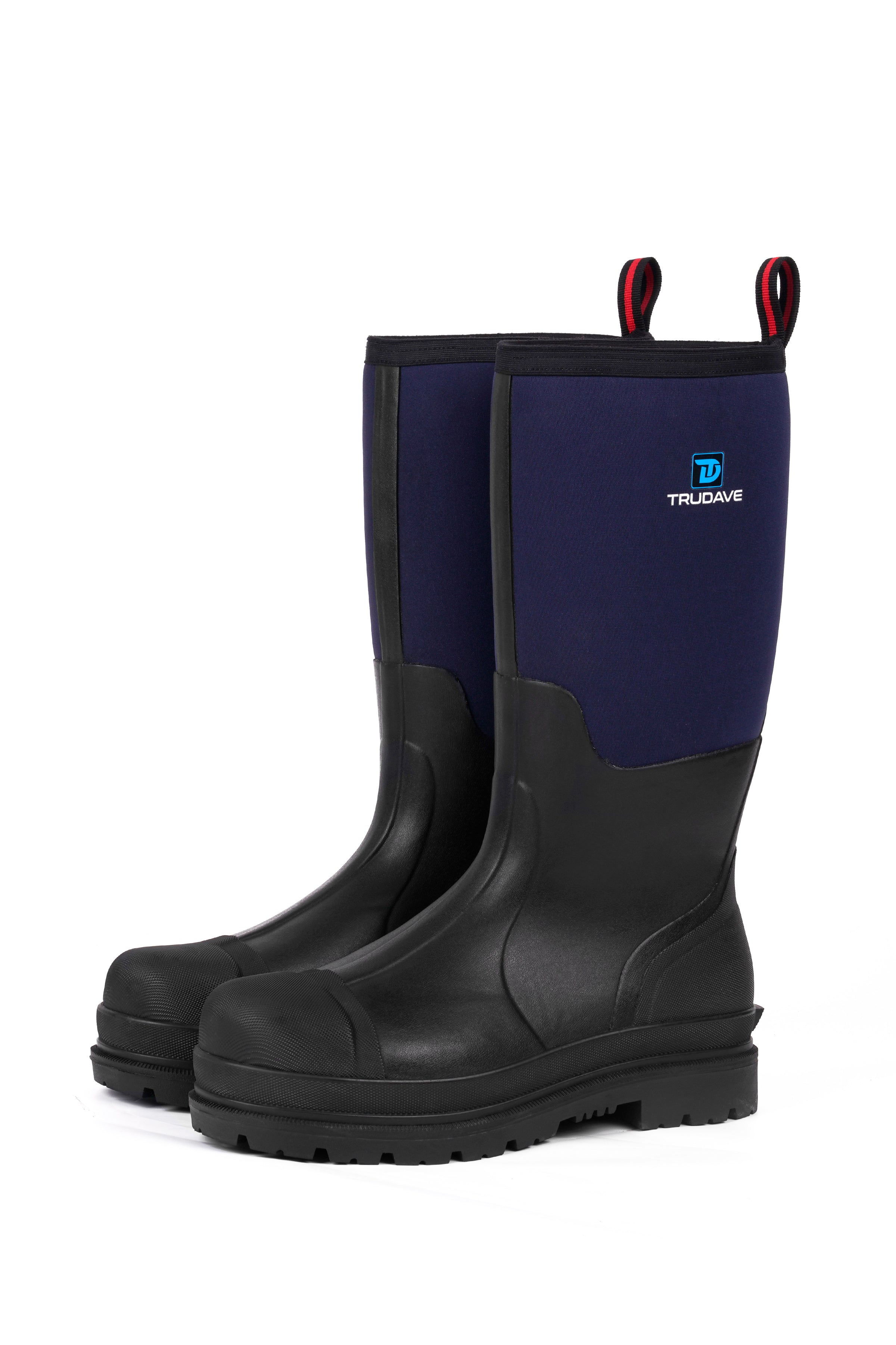 45-degree view of Trudave IronShield Series tall waterproof work boots with steel toe – blue and black design built for durability and comfort in tough work environments