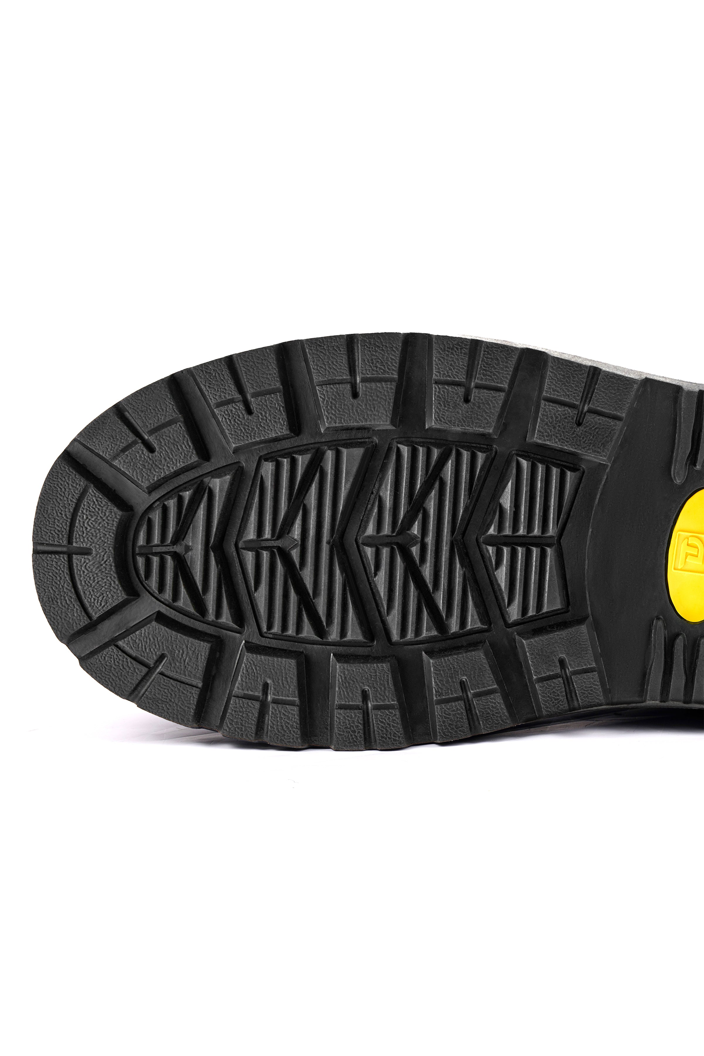 Close-up of Trudave IronShield Series tall waterproof steel toe work boots – black slip-resistant outsole tread pattern designed for traction and durability on wet job sites