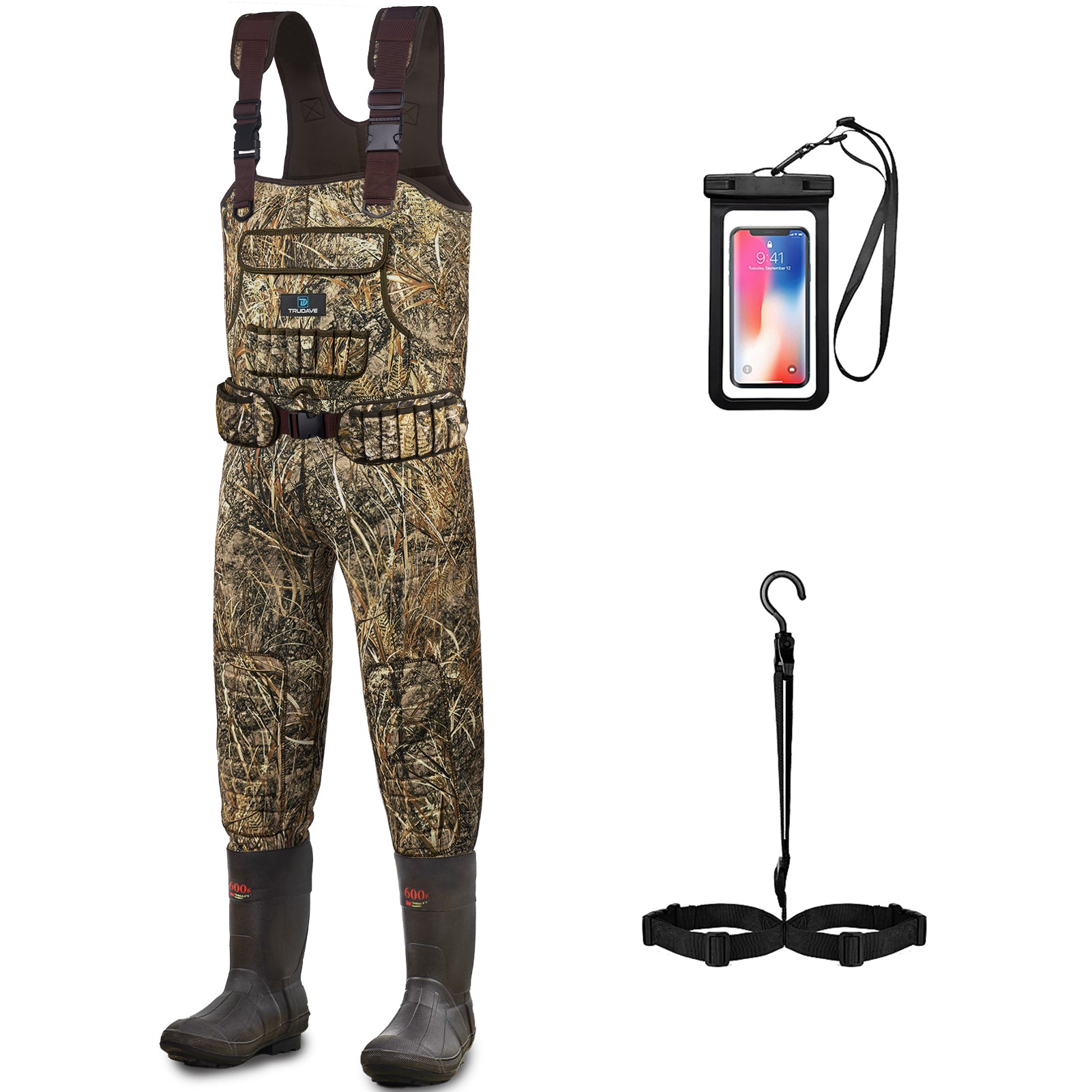 Front view of Trudave IronWade Series waterproof hunting and fishing chest waders with boots – reed camo design showing full-body waterproof protection for outdoor hunting and fishing
