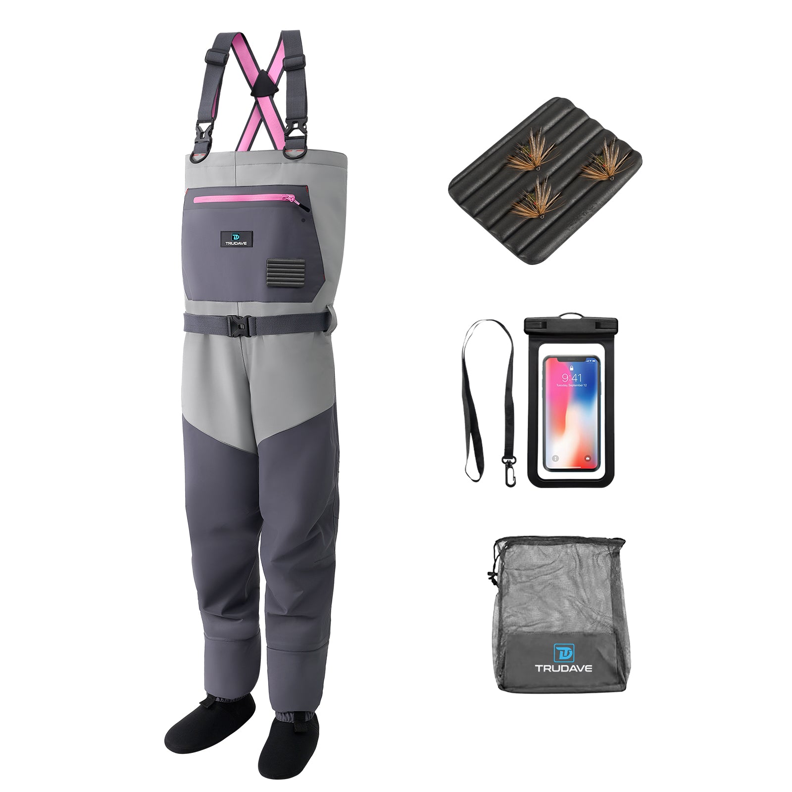 Front view of Trudave FemmeFlow Series women’s waterproof breathable fishing chest waders in grey with pink accents – durable neoprene design featuring adjustable straps and chest pocket for fishing comfort