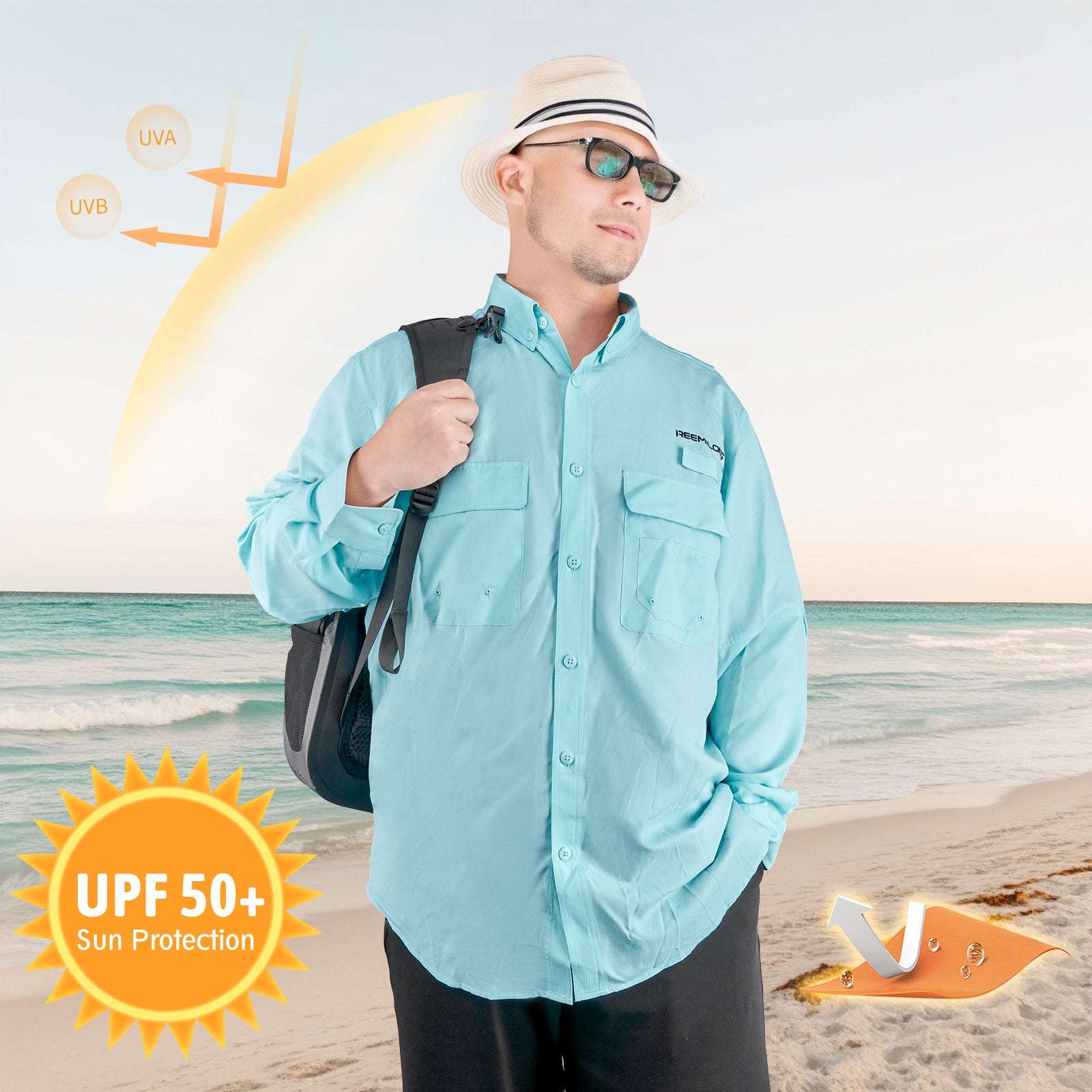 Man wearing Trudave Men’s Lightweight Quick-Dry Fishing Shirt – TideGuard Series in blue on a sunny beach, highlighting UPF 50+ sun protection and breathable comfort for outdoor fishing.