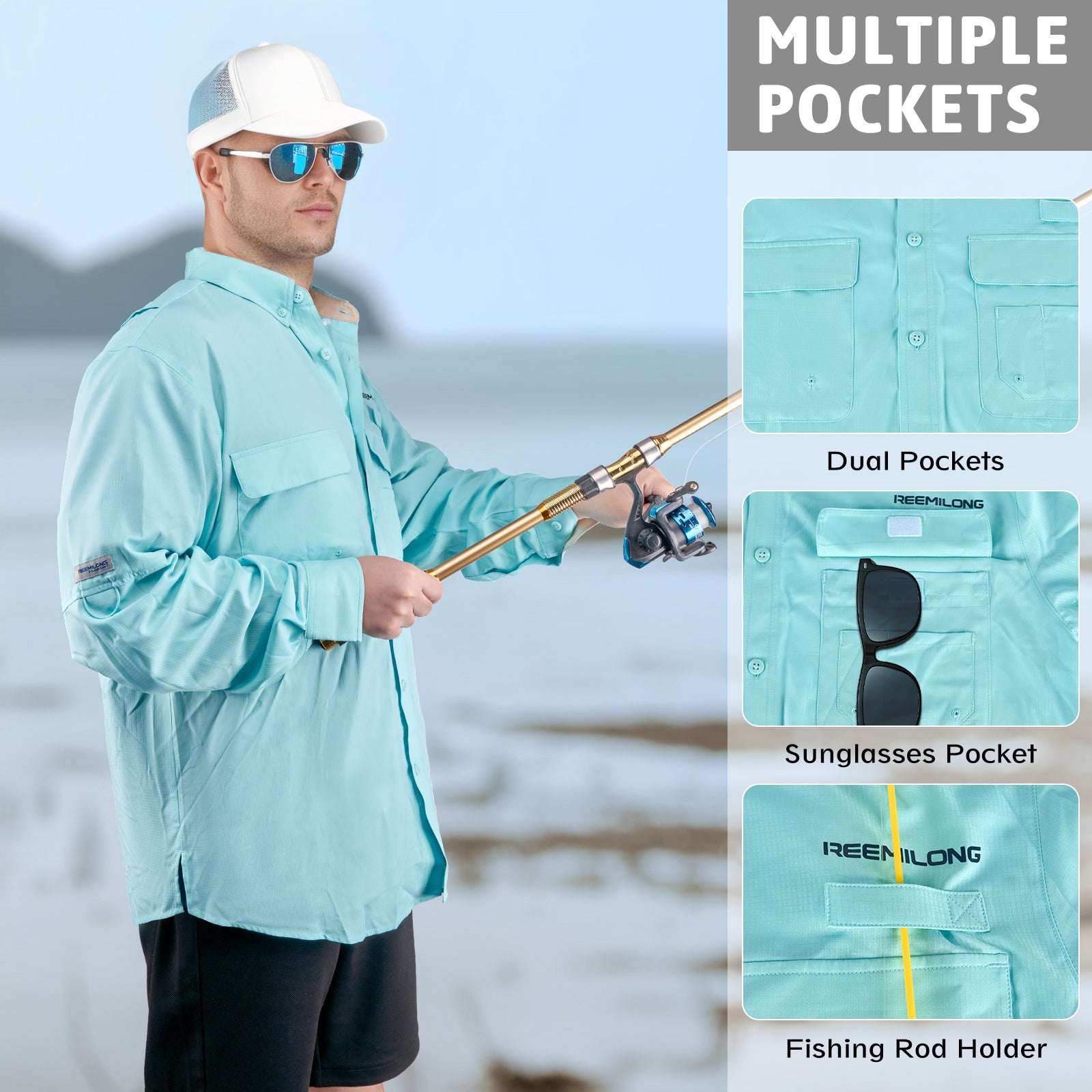 Blue Trudave Men’s Lightweight Quick-Dry Fishing Shirt – TideGuard Series featuring dual chest pockets, sunglasses pocket, and fishing rod holder for convenient on-the-water performance.