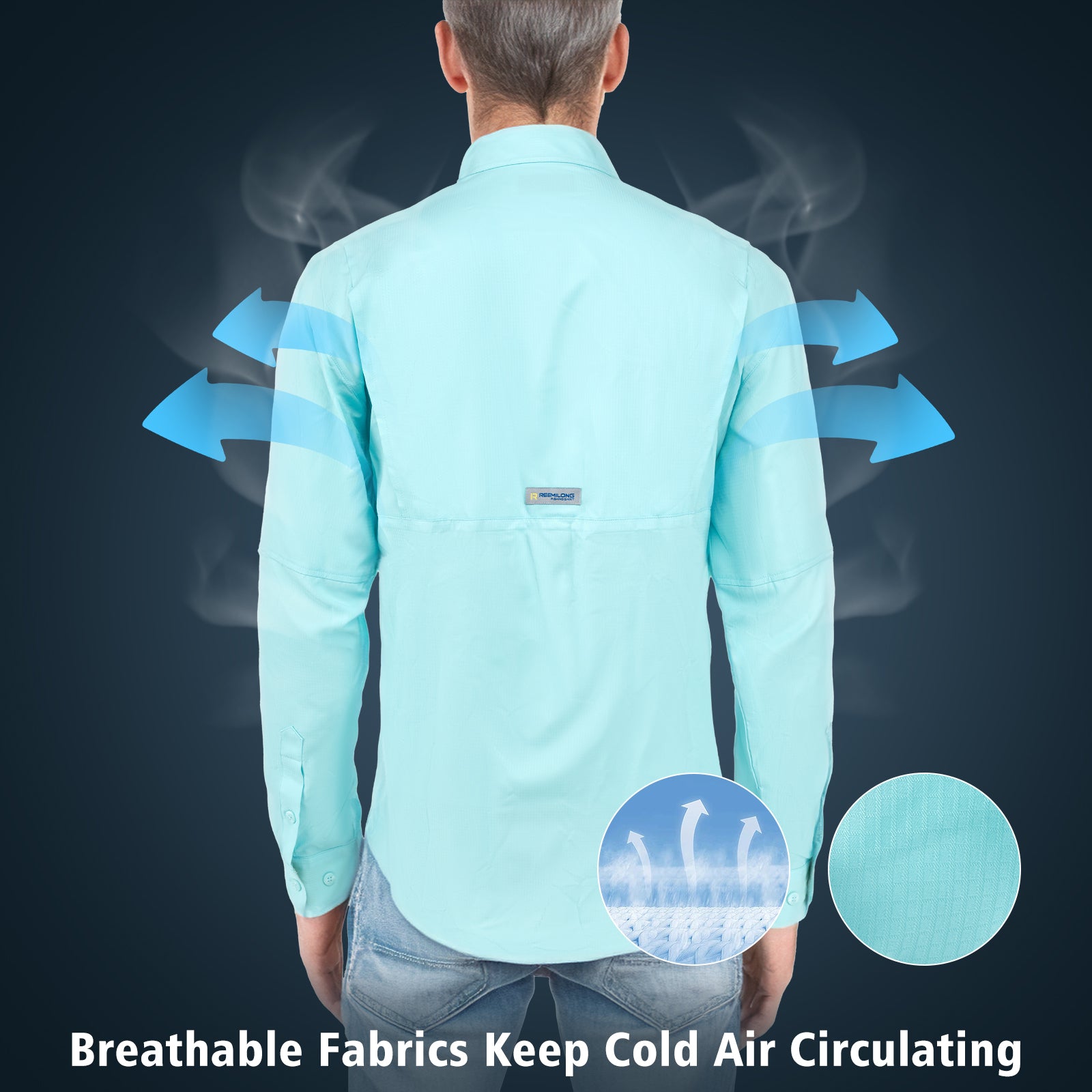 Back view of Trudave Men’s Lightweight Quick-Dry Fishing Shirt – TideGuard Series in blue, featuring breathable mesh fabric that promotes airflow and keeps anglers cool during fishing.