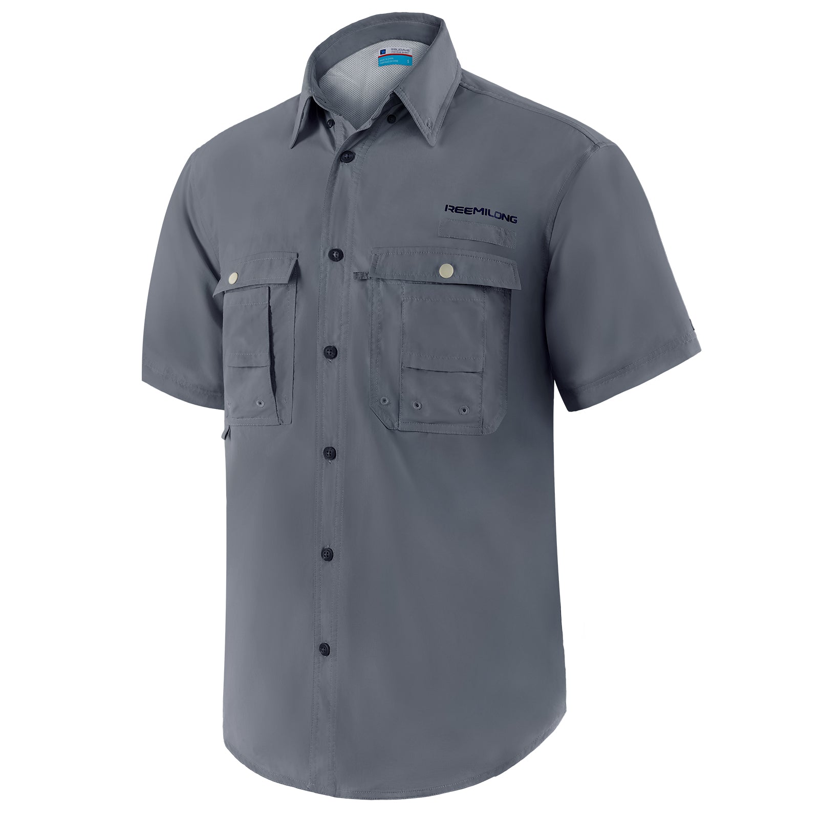 Front view of Trudave AquaShield Series men’s lightweight quick-dry fishing shirt in grey – white background product image showing breathable quick-dry fabric for outdoor fishing comfort
