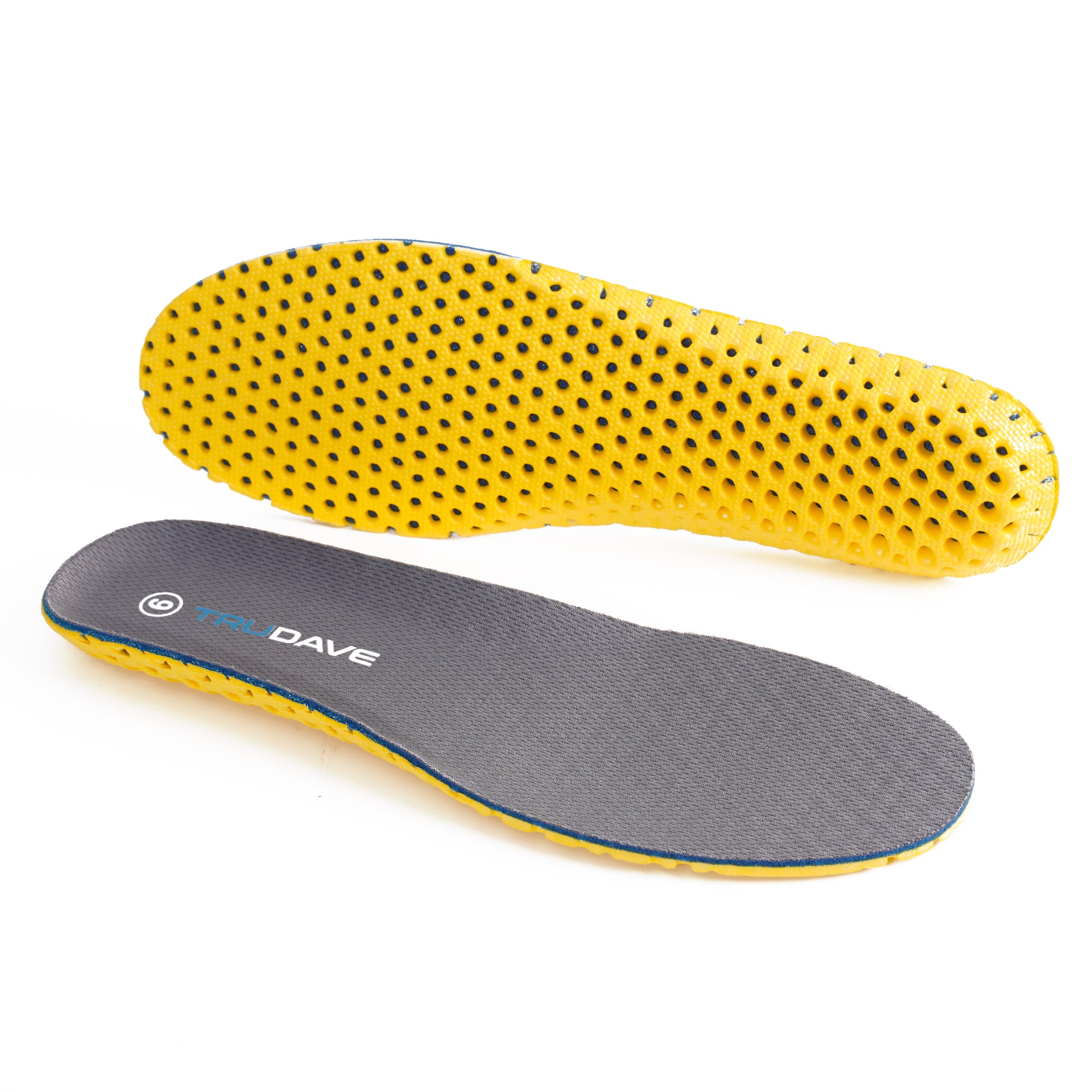 Front view of Trudave ToughCush Comfort Insoles, showing one top and one bottom side, featuring honeycomb EVA cushioning and moisture-wicking top cloth for breathable, all-day support and shock absorption.