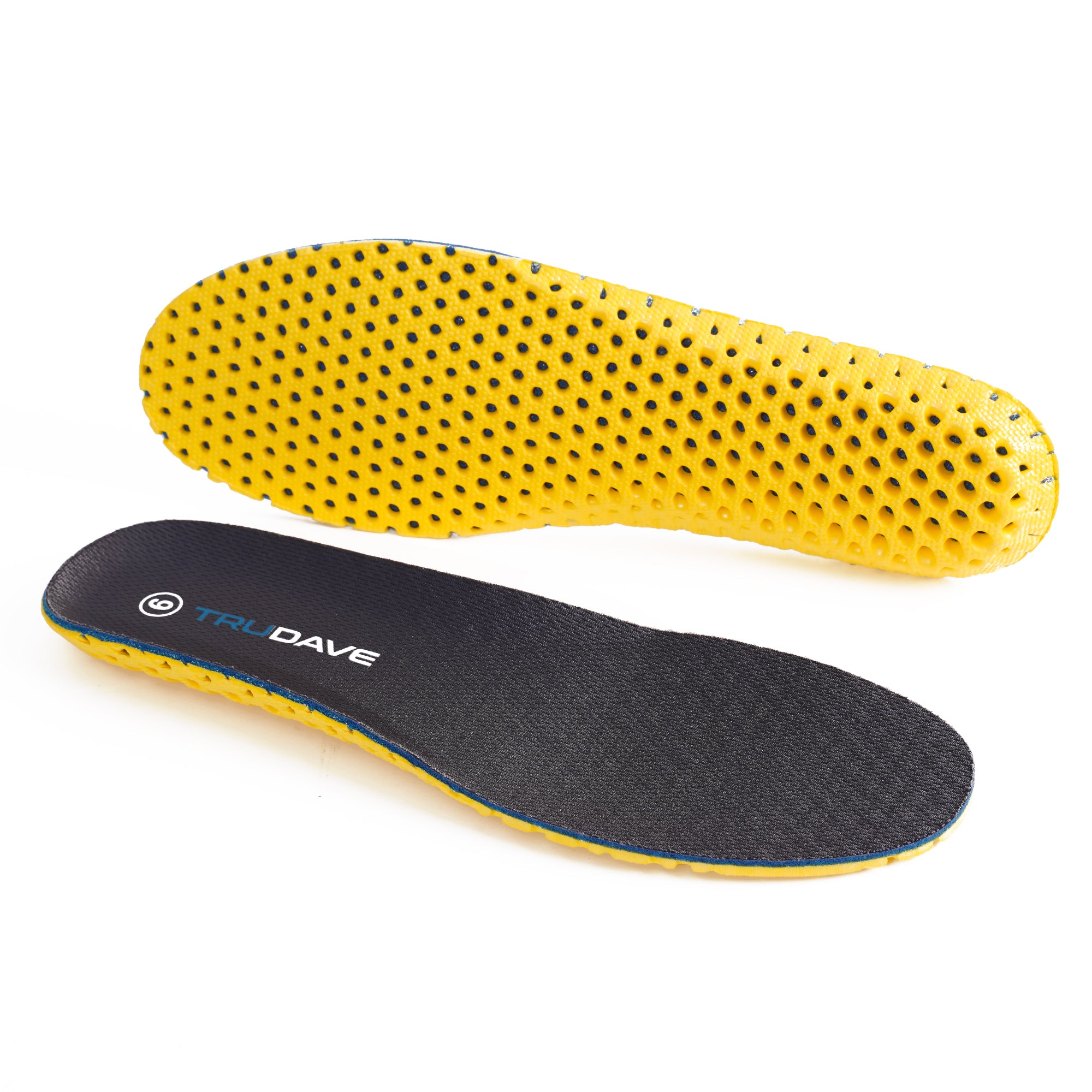 Front view of Trudave ToughCush Comfort Insoles, showing one top and one bottom side, featuring honeycomb EVA cushioning and moisture-wicking top cloth for breathable, all-day support and shock absorption.