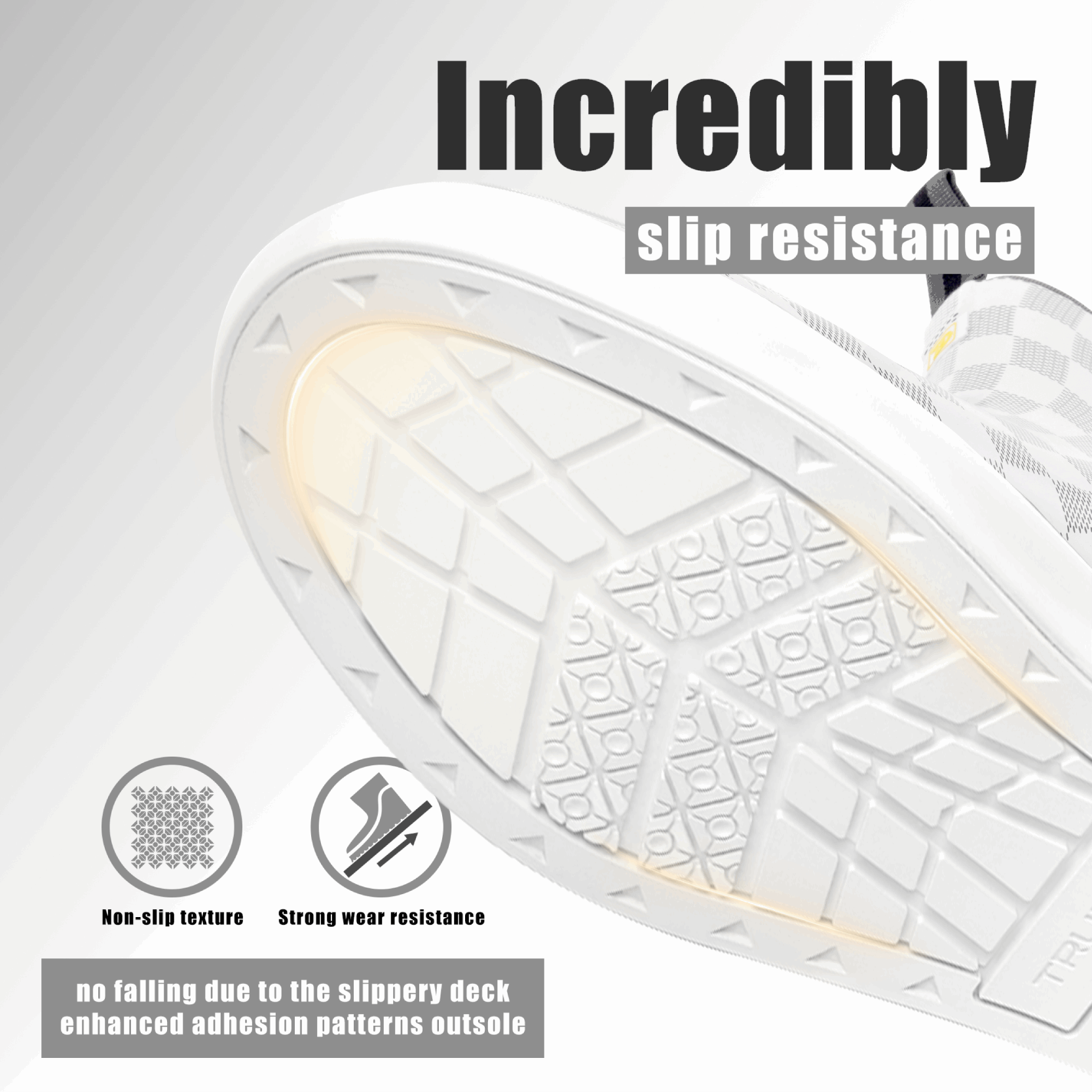 Close-up of Trudave WaveLock Series men’s waterproof deck boots outsole – non-slip rubber tread pattern designed for traction on wet fishing decks and docks