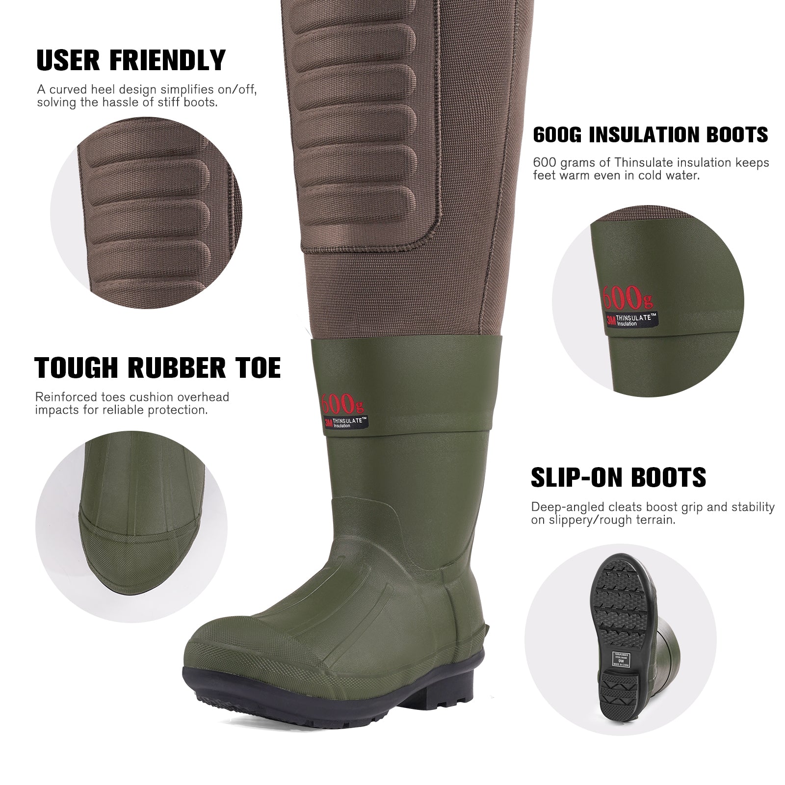 Close-up of Trudave MarshTrail Series women’s insulated fishing wader boots showing curved heel design for easy on/off, tough rubber toe, 600G Thinsulate insulation for warmth, and deep-angled cleats for superior grip on slippery terrain.
