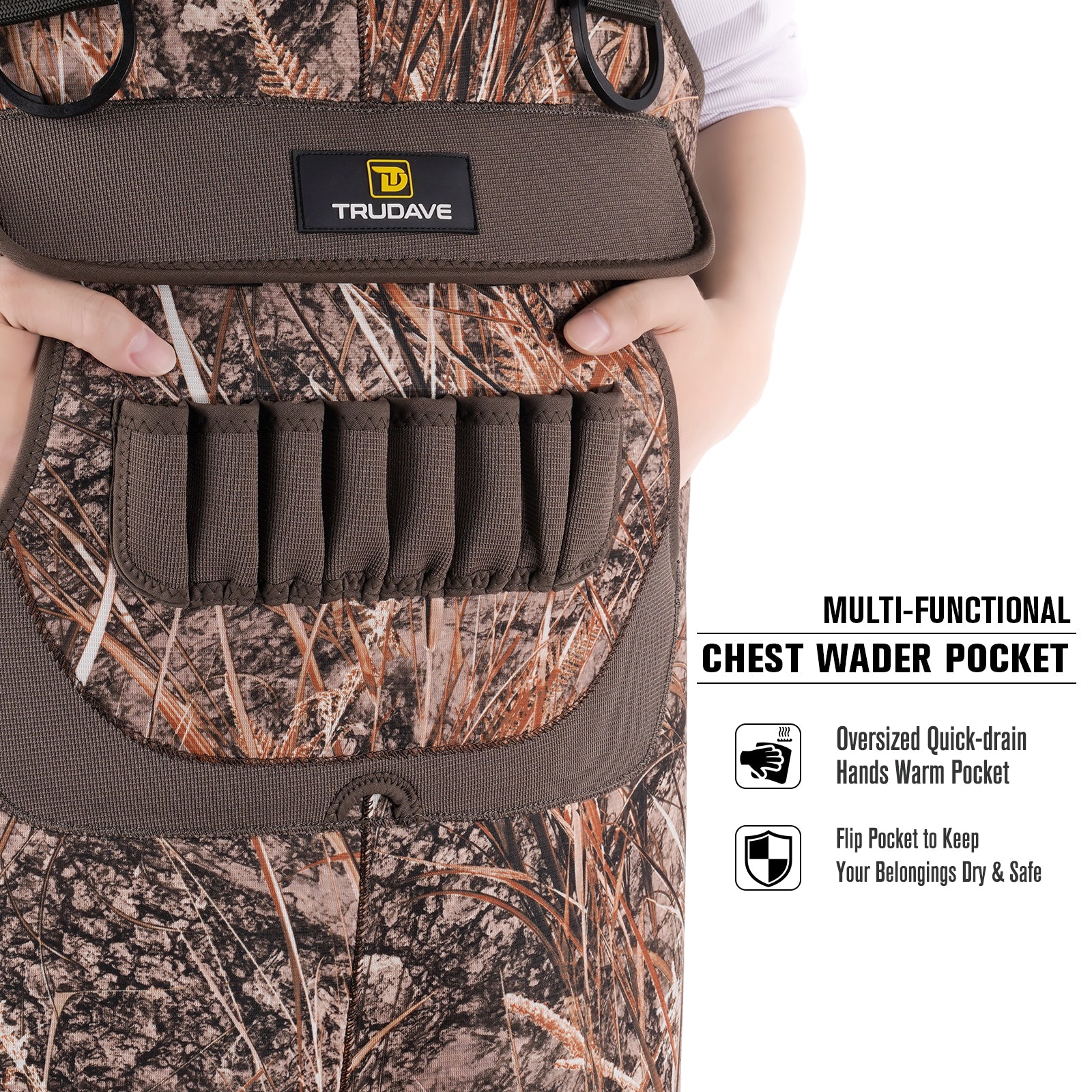 Close-up of Trudave MarshTrail Series women’s waterproof chest waders showing multi-functional chest pocket with oversized quick-drain hand-warm pocket and flip pocket to keep belongings dry and secure.