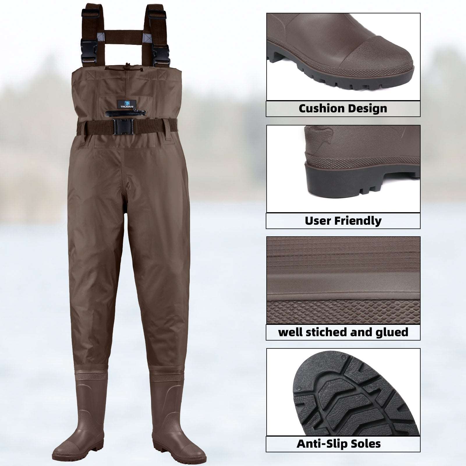 Trudave AnglerPro Series lightweight waterproof fishing chest waders with boots in brown, front view highlighting cushioned design, user-friendly fit, well-stitched and glued construction, and anti-slip soles for stable traction and long-lasting comfort during fishing