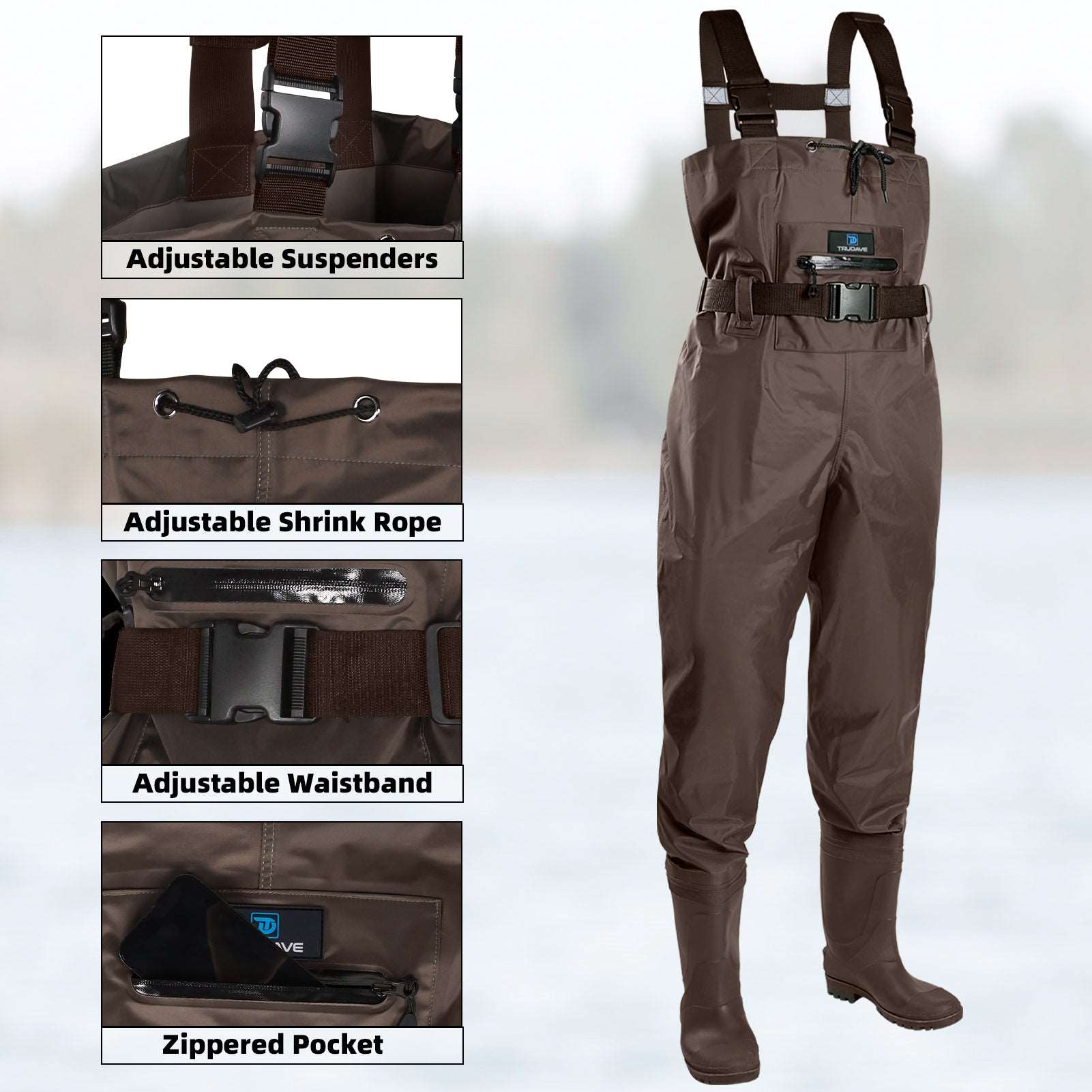 Trudave AnglerPro Series lightweight waterproof fishing chest waders with boots in brown color, front view showing adjustable suspenders, zippered chest pocket, adjustable waist belt, and shrink rope for a customized fit—durable, breathable, and fully waterproof gear for anglers