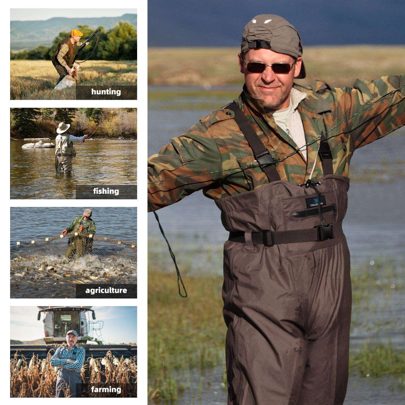 Trudave AnglerPro Series lightweight waterproof fishing chest waders with boots in brown, front view showcasing versatile outdoor use for hunting, fishing, agriculture, and farming, designed for durability, comfort, and all-weather protection.