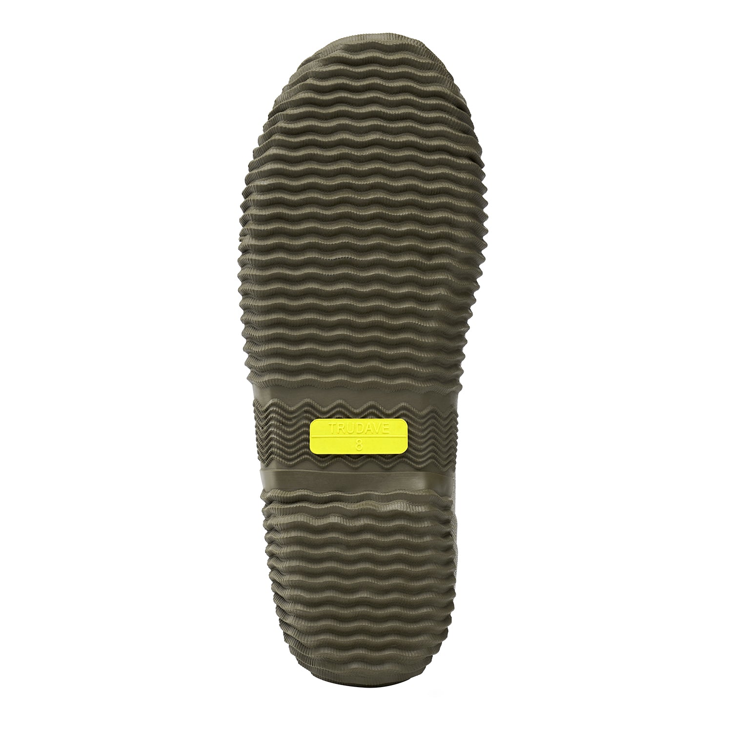 Bottom view of Trudave GardenStride Series waterproof rubber garden boots in olive green – outsole with deep non-slip tread pattern for superior grip during gardening and outdoor work