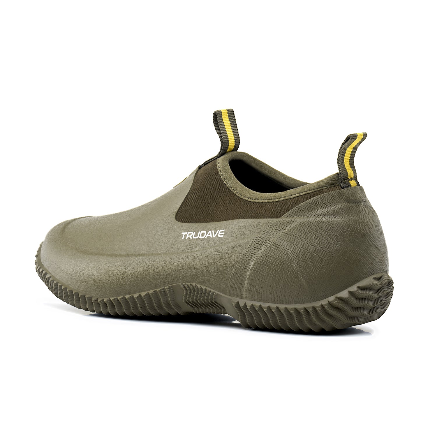 Rear view of Trudave GardenStride Series waterproof rubber garden boots in olive green – non-slip outsole tread pattern providing strong traction for gardening and outdoor work
