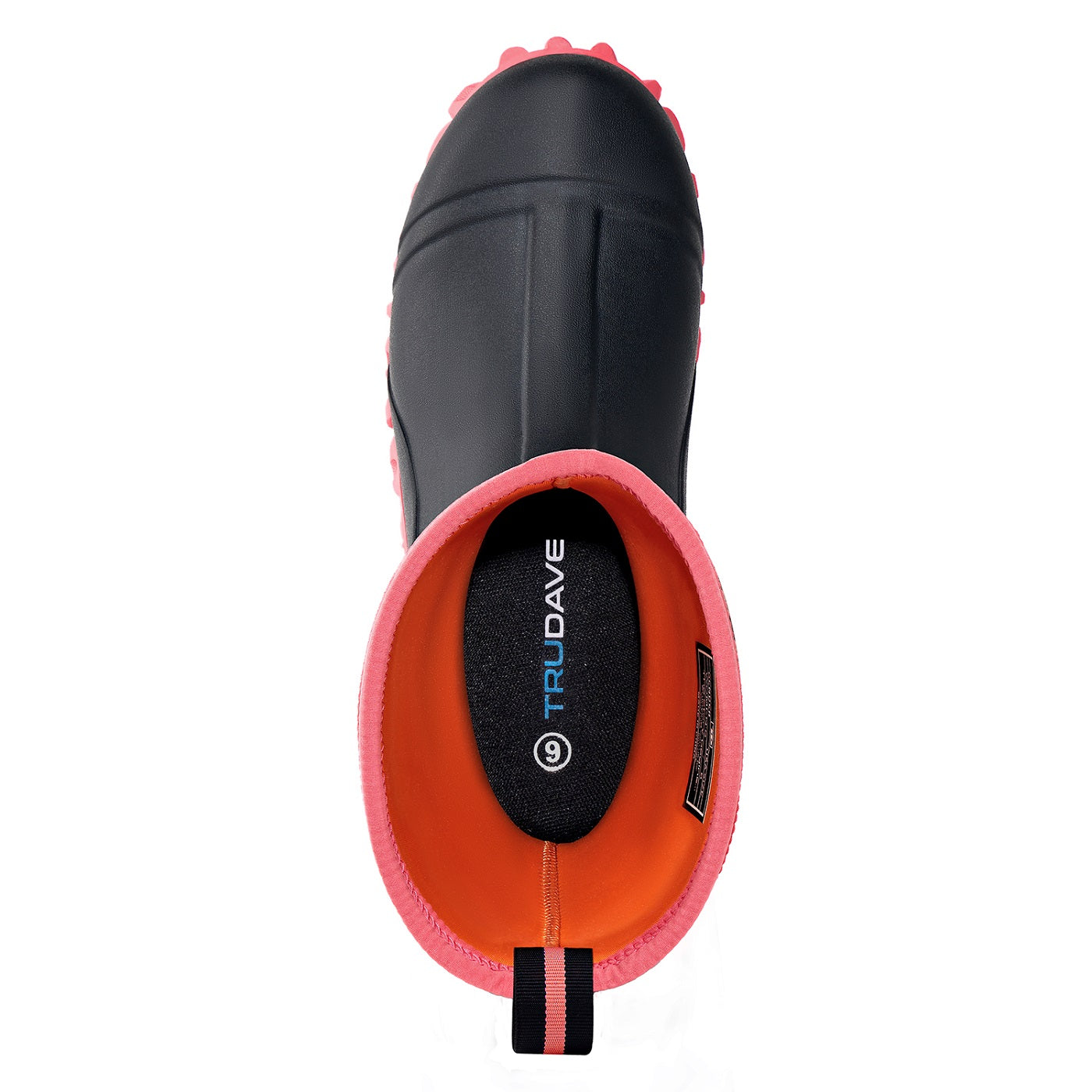 Top view of Trudave MudTrek Series mid-calf waterproof rubber rain boots – pink camo design showing inner lining and waterproof construction for comfort and everyday outdoor use