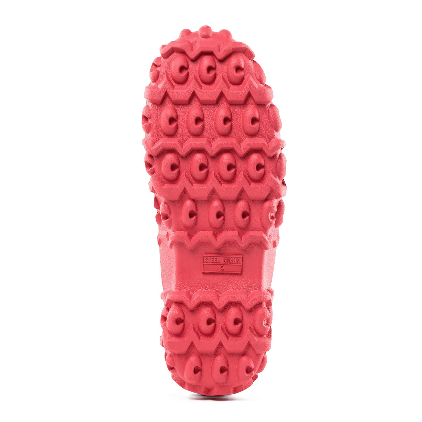 Close-up of outsole tread on Trudave MudTrek Series mid-calf waterproof rubber rain boots – pink camo design showing deep slip-resistant pattern for traction and durability in wet outdoor conditions