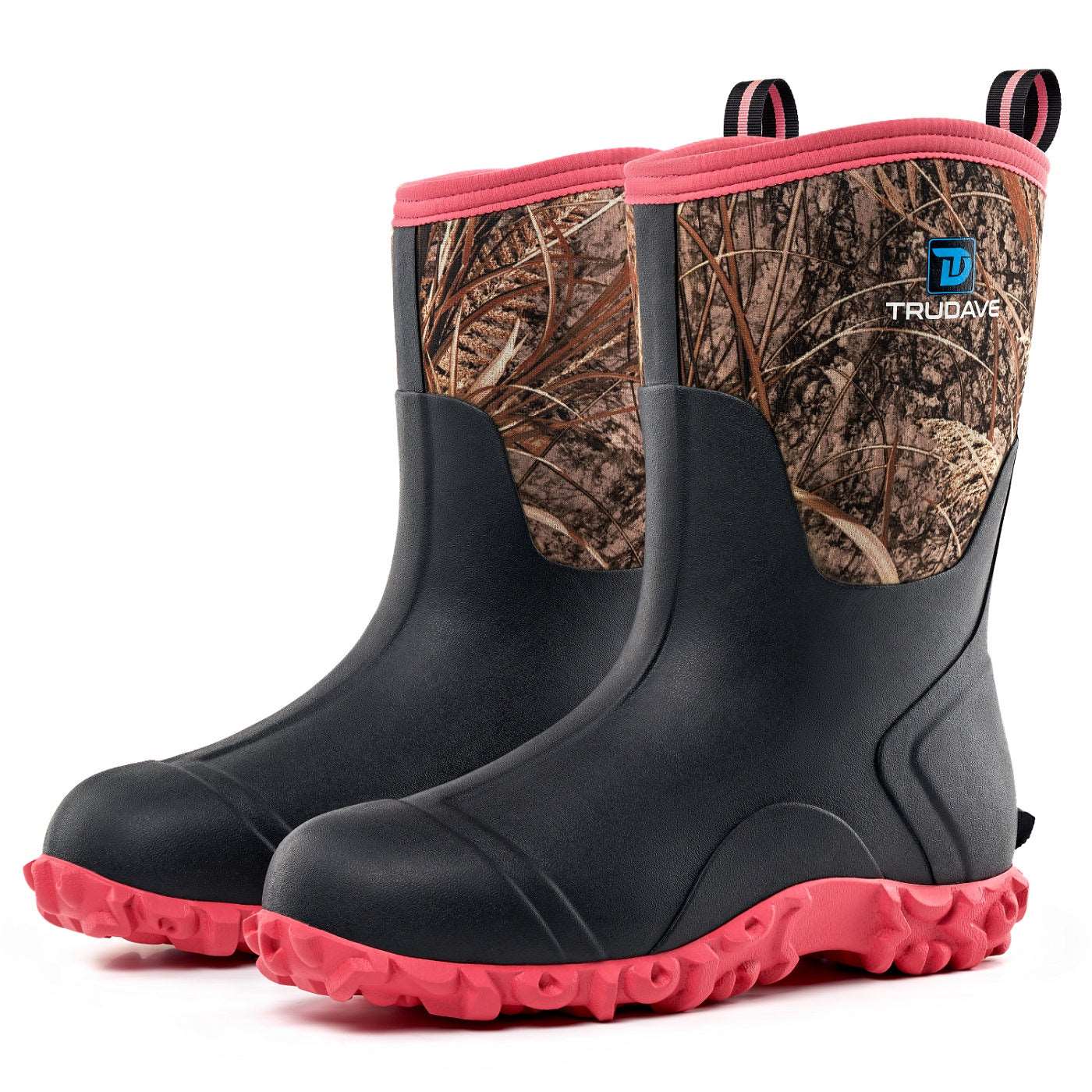 Side view of Trudave MudTrek Series mid-calf waterproof rubber rain boots – pink camo design featuring durable waterproof shell and slip-resistant sole for everyday rain and outdoor use