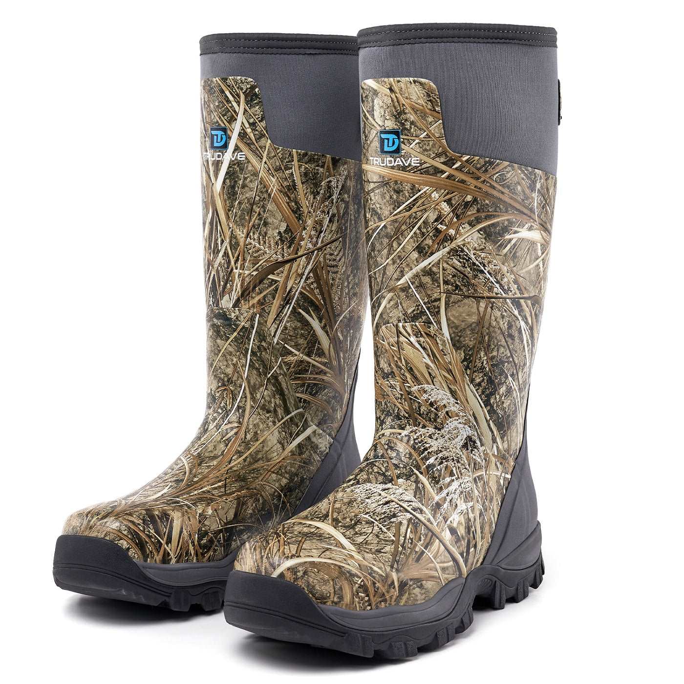 Front view of Trudave StreamTrek Series men’s tall waterproof hunting boots – rugged camo design built for outdoor hunting