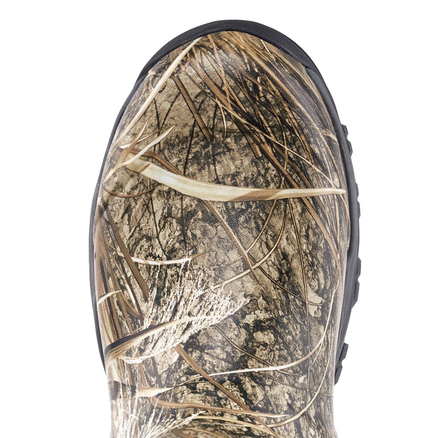 Close-up of toe cap on Trudave StreamTrek Series men’s tall waterproof hunting boots – Real Reed camo design showing reinforced waterproof rubber toe for durability and duck hunting performance