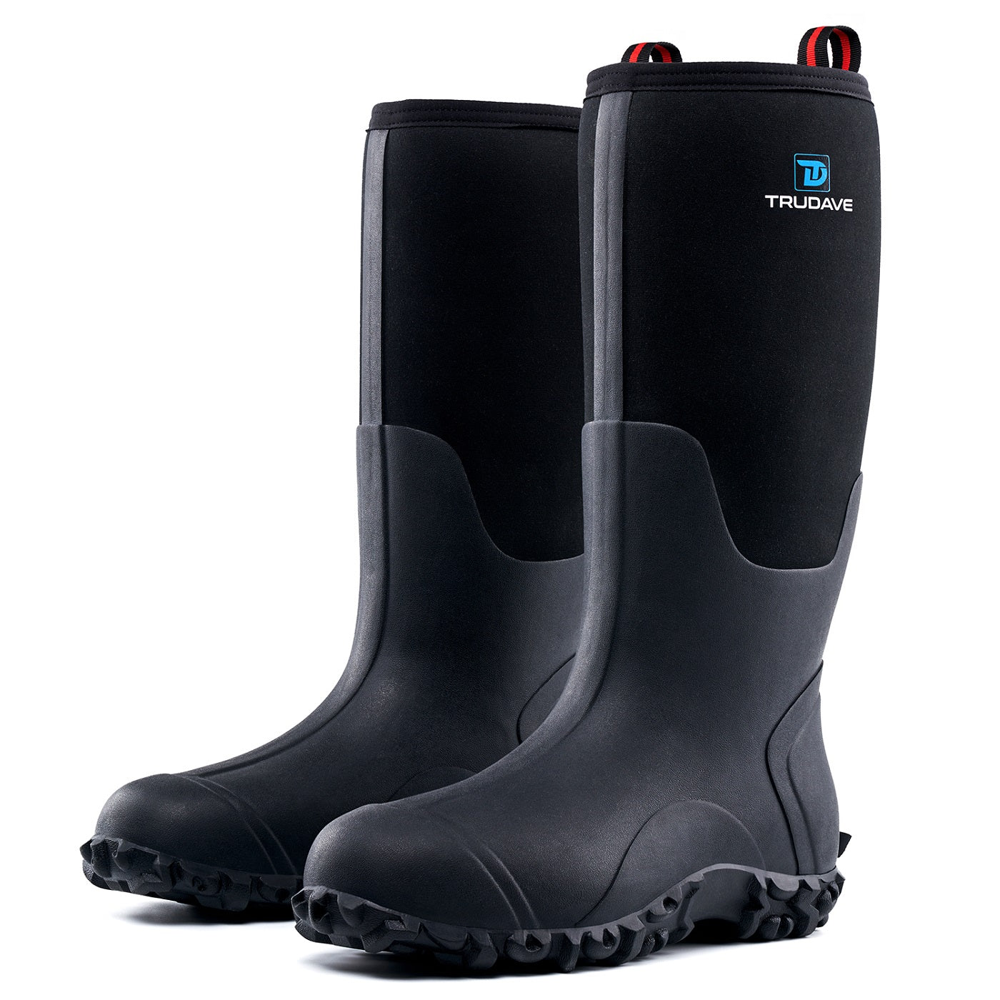 Side view of a pair of Trudave DryFlow Series tall waterproof rubber work boots – black reed design featuring durable waterproof shell, slip-resistant sole, and rugged construction for outdoor work