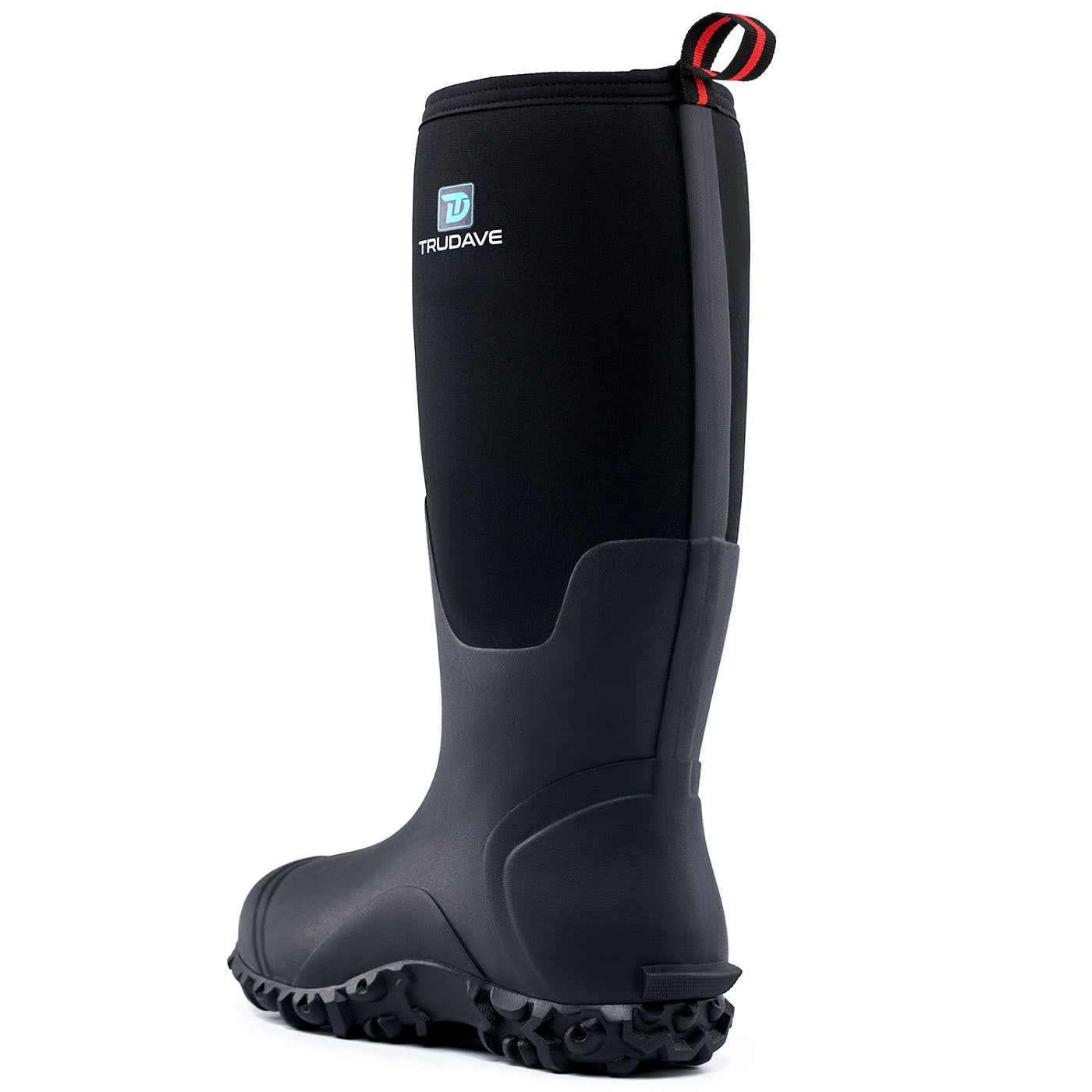 Side view of a pair of Trudave DryFlow Series tall waterproof rubber work boots – black design showing durable rubber shell, slip-resistant sole, and rugged construction for outdoor and industrial work