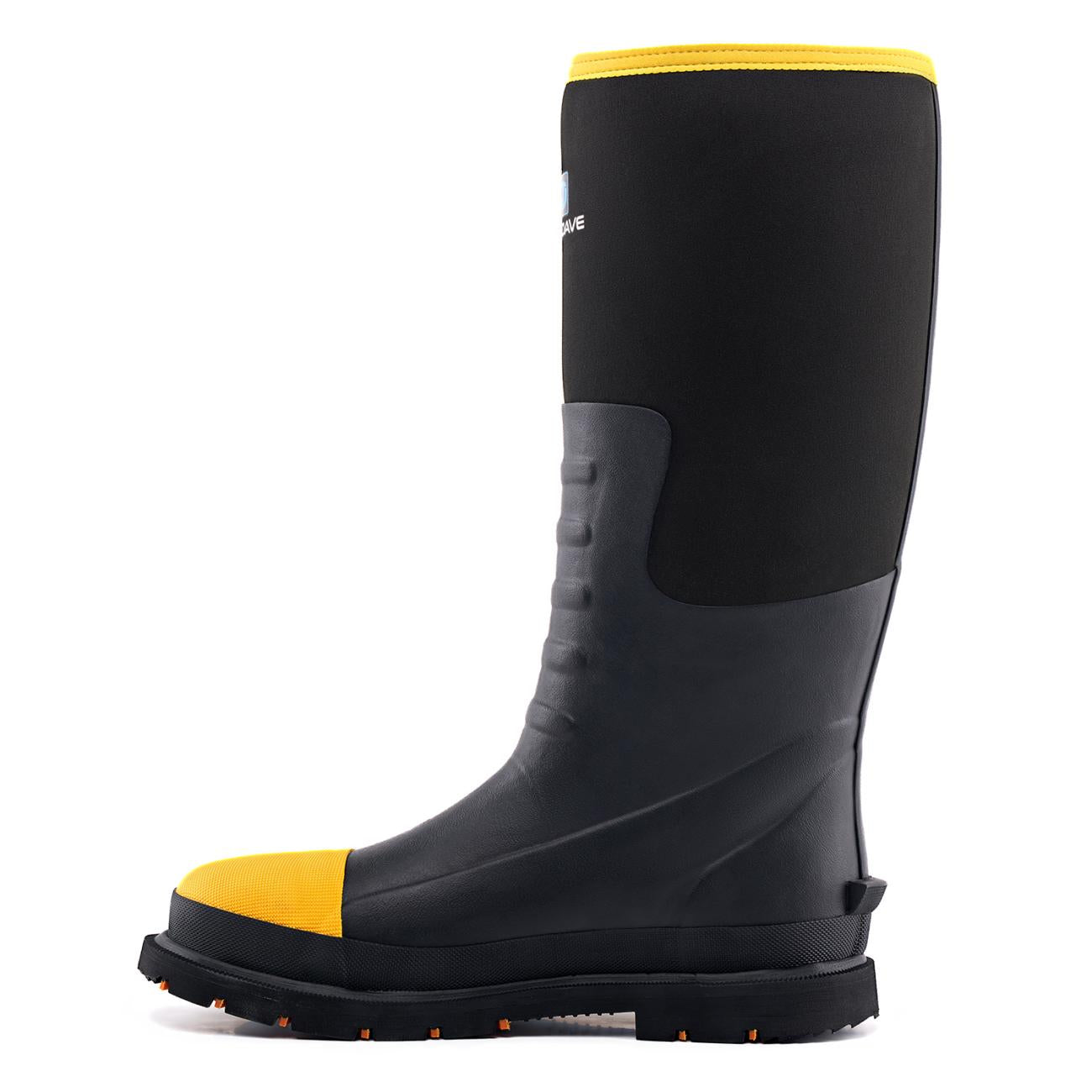 Side view of Trudave Men’s Tall Waterproof Steel Toe Work Boots ForgeStep Series in black, highlighting the durable rubber shell, reinforced toe, and slip-resistant sole for all-day protection and comfort.